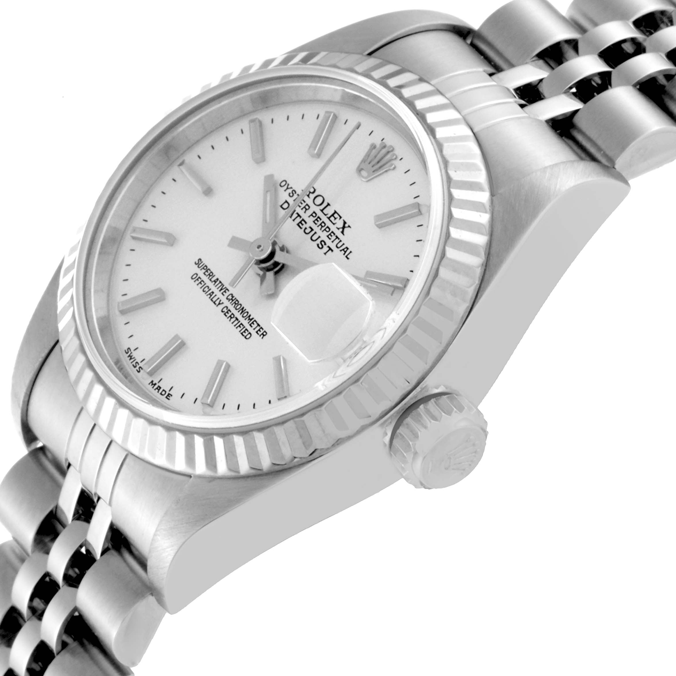 The image shows a Rolex Datejust 79174 Women's Stainless Steel Silver Dial 79174 Women's Stainless Steel Silver Dial watch from a side perspective, highlighting the crown, bezel, dial, and part of the bracelet.