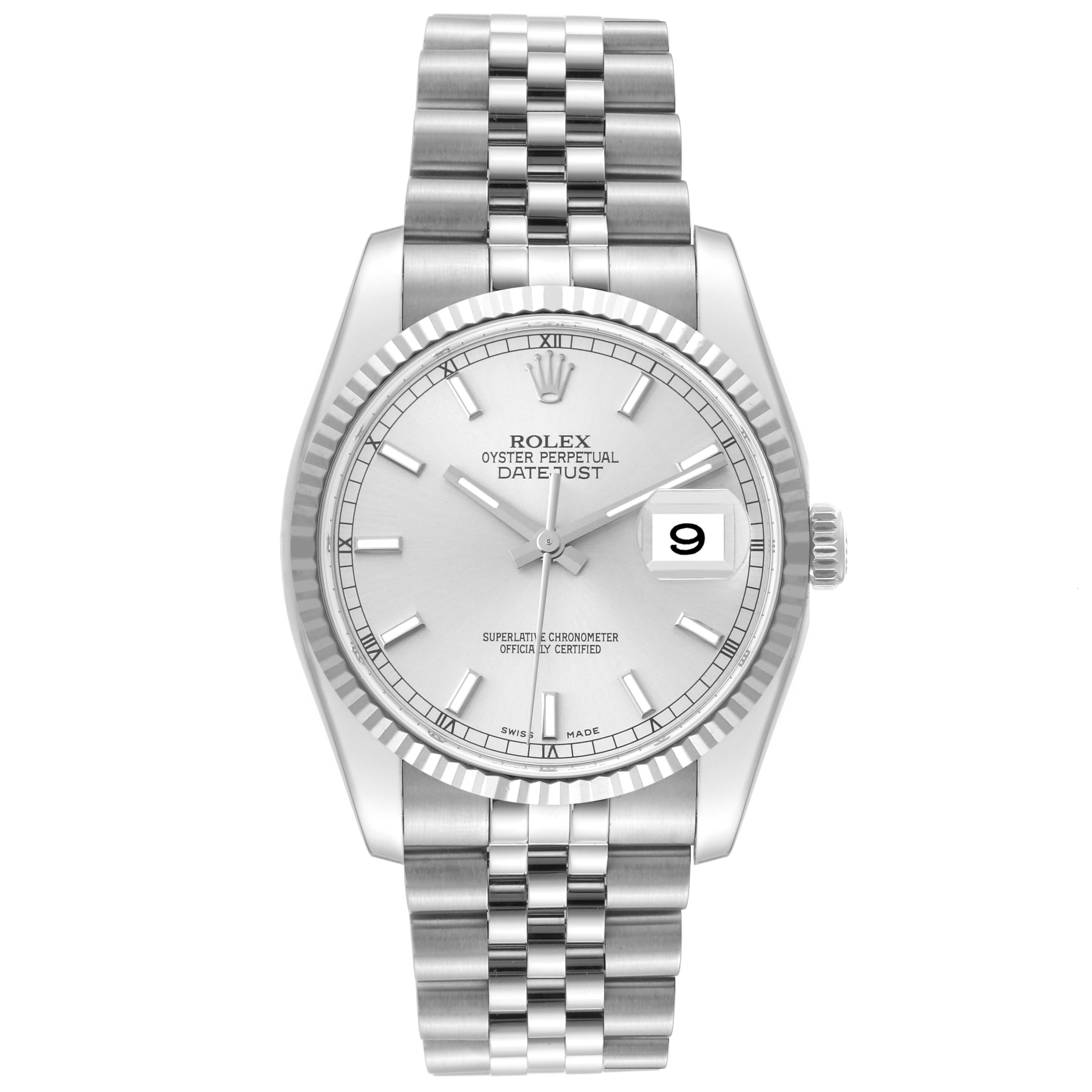 The Rolex Datejust 116234 Men's Stainless Steel Silver Dial 116234 Men's Stainless Steel Silver Dial watch is shown from a top-down angle, displaying its face, bezel, and bracelet.