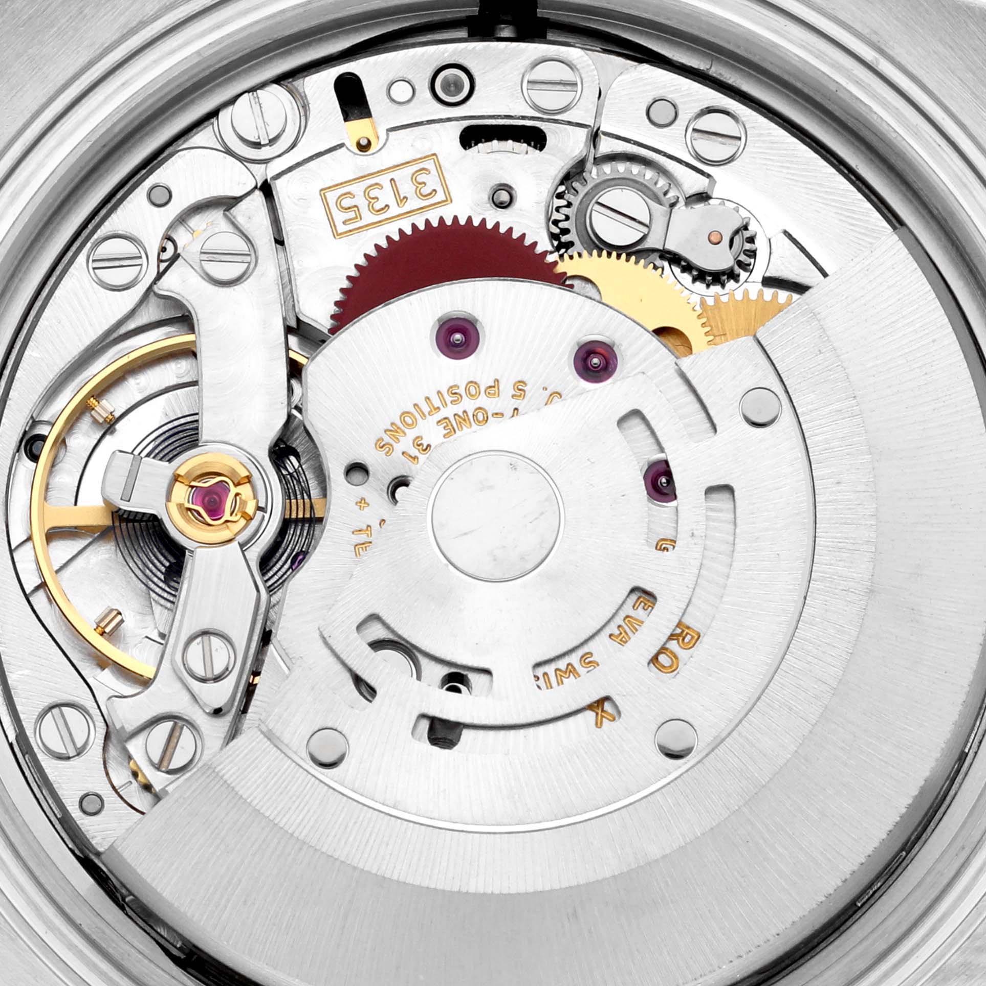 This image shows the intricate internal movement parts of a Rolex Datejust 116234 Men's Stainless Steel Silver Dial 116234 Men's Stainless Steel Silver Dial watch from a top-down angle.