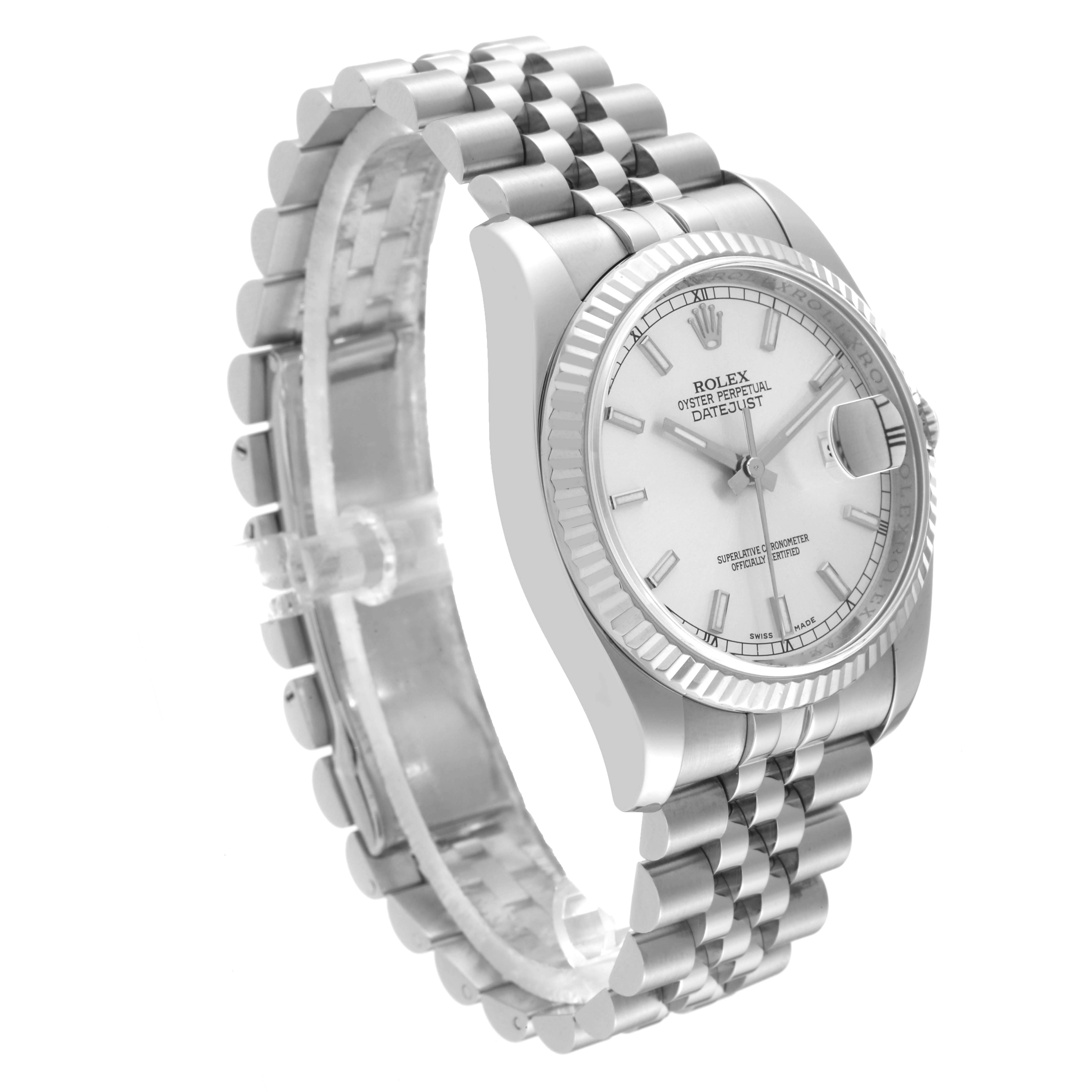This Rolex Datejust 116234 Men's Stainless Steel Silver Dial 116234 Men's Stainless Steel Silver Dial watch is shown at a tilted angle, displaying the face, bezel, and partial bracelet.
