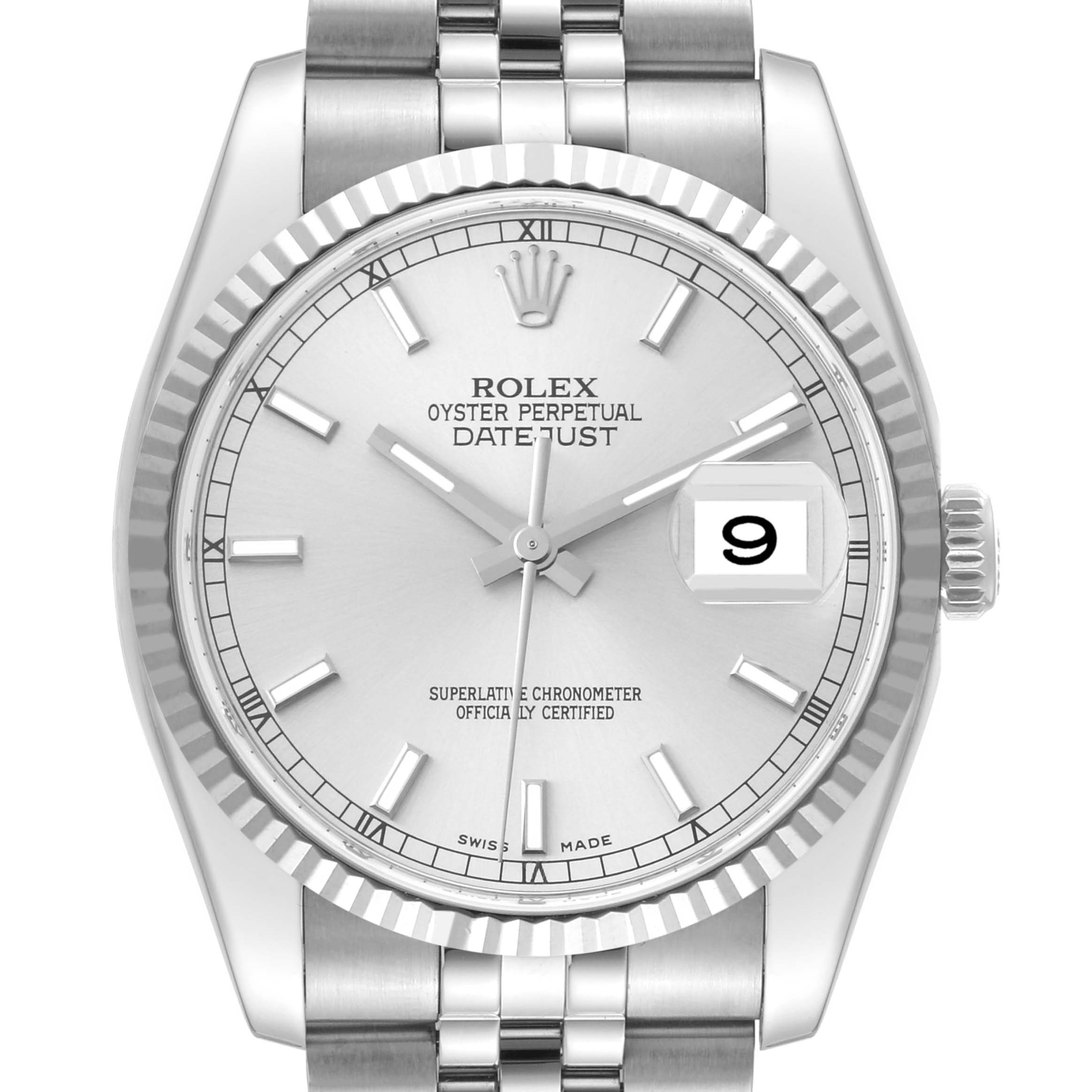 This image shows a frontal view of a Rolex Datejust 116234 Men's Stainless Steel Silver Dial 116234 Men's Stainless Steel Silver Dial watch, highlighting the silver dial, bracelet, and fluted bezel.