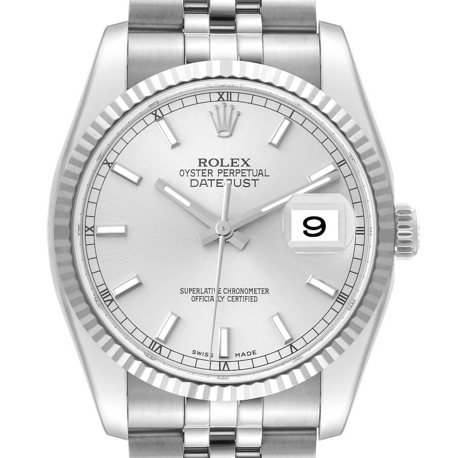 This image shows a frontal view of a Rolex Datejust watch, highlighting the silver dial, bracelet, and fluted bezel.