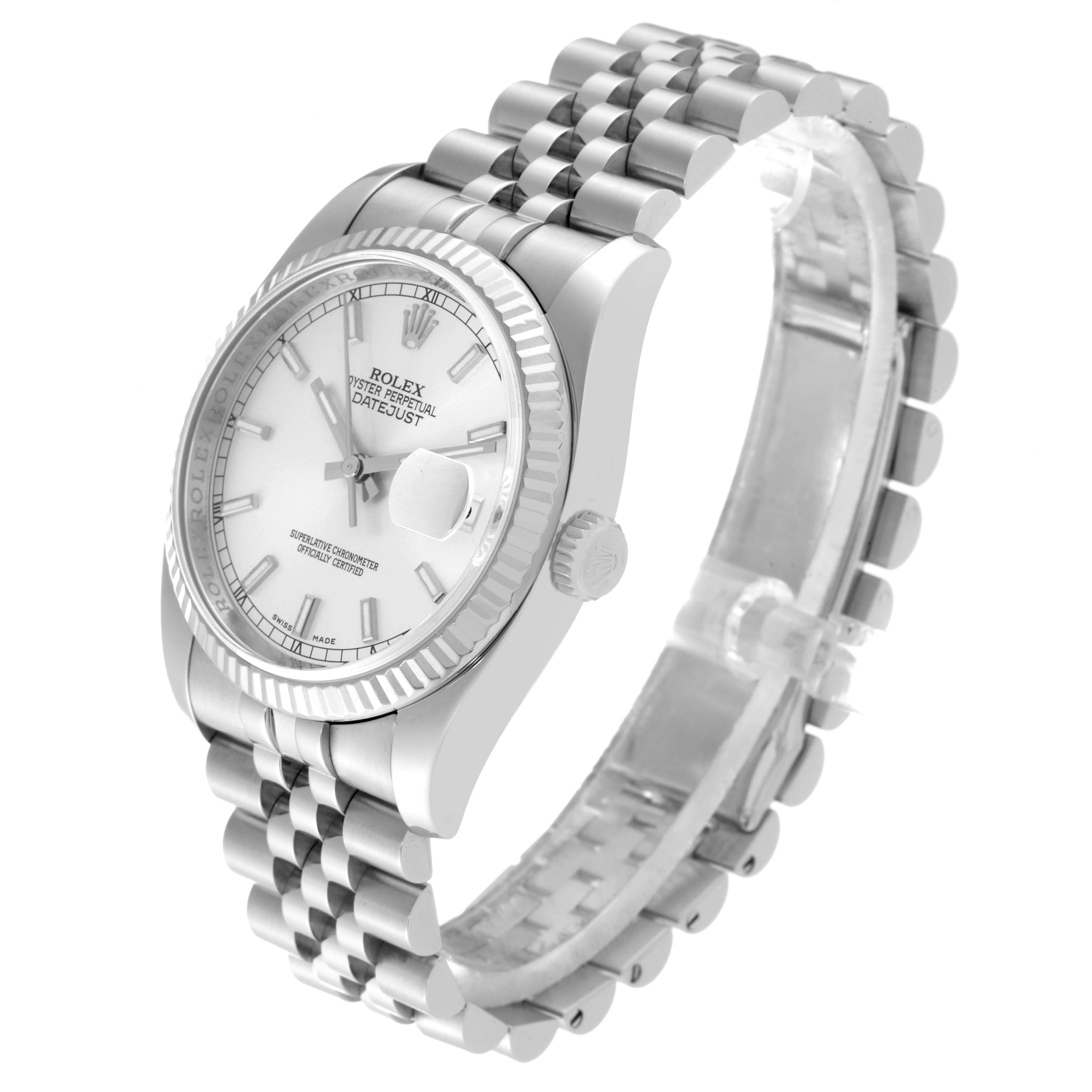 This image shows a Rolex Datejust 116234 Men's Stainless Steel Silver Dial 116234 Men's Stainless Steel Silver Dial model watch at an angle, highlighting the face, bezel, and bracelet.