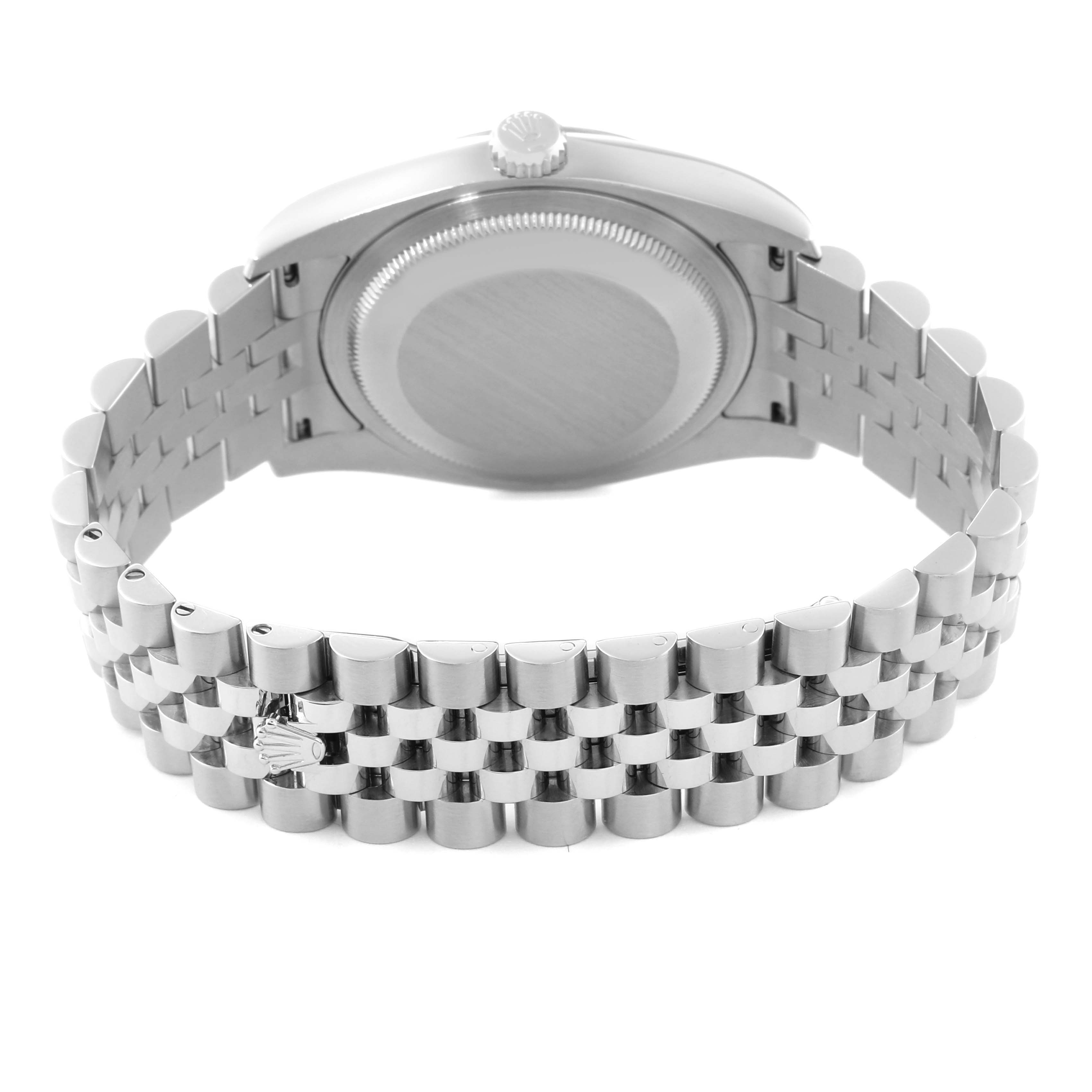 This image shows the back case and jubilee bracelet of a Rolex Datejust 116234 Men's Stainless Steel Silver Dial 116234 Men's Stainless Steel Silver Dial watch.