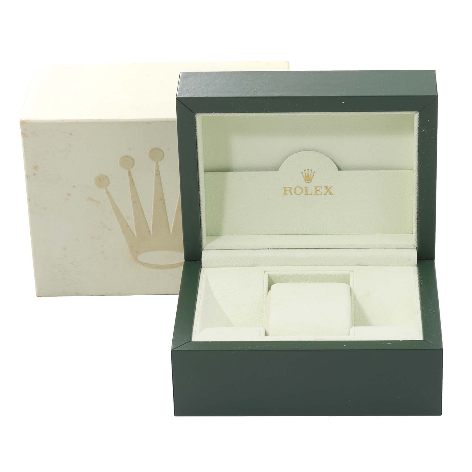 The image shows an empty Rolex Datejust 116234 Men's Stainless Steel Silver Dial 116234 Men's Stainless Steel Silver Dial watch box with the inner and outer boxes visible from a front angle.