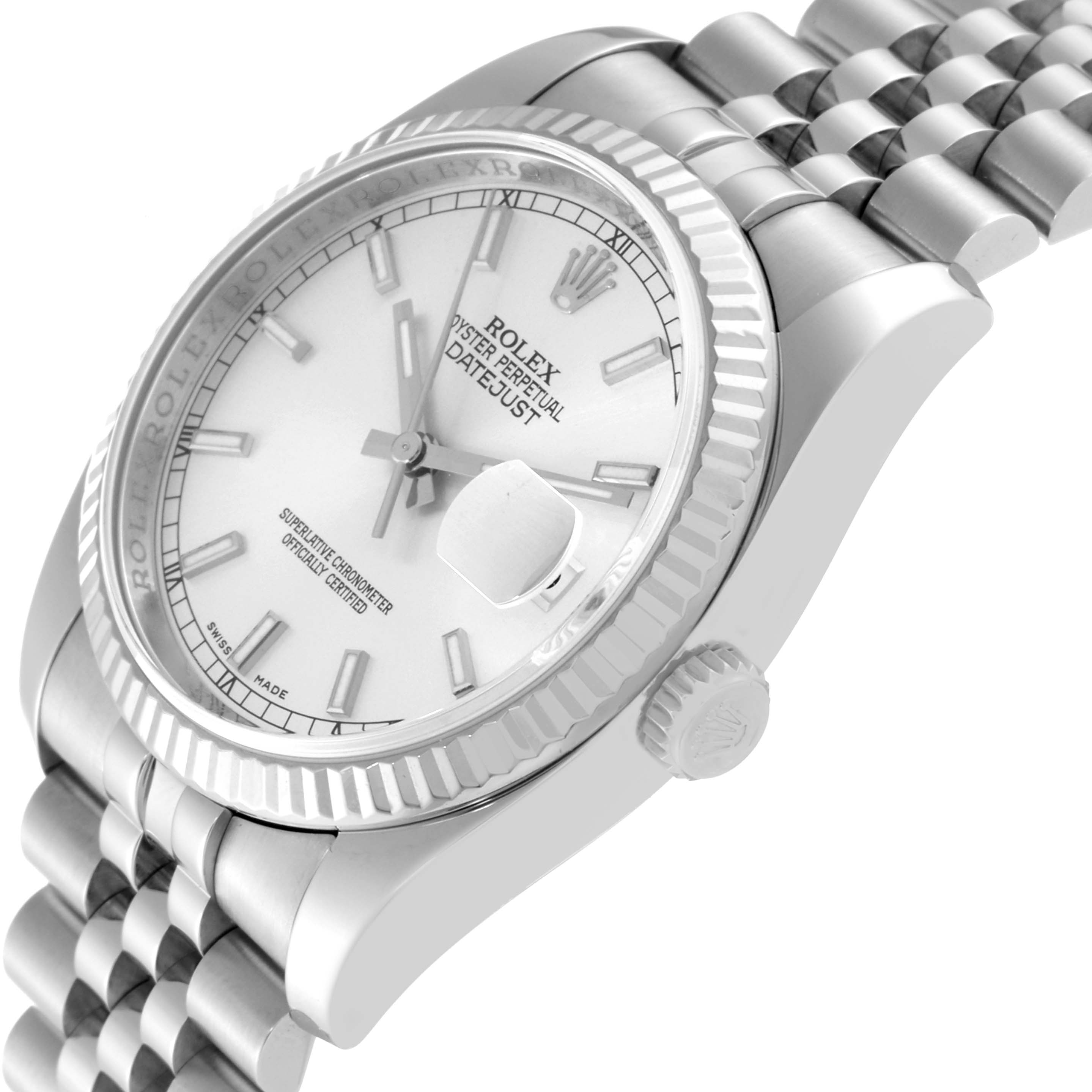 The image shows a close-up, angled view of a Rolex Datejust 116234 Men's Stainless Steel Silver Dial 116234 Men's Stainless Steel Silver Dial watch, highlighting the face, bezel, and part of the bracelet.
