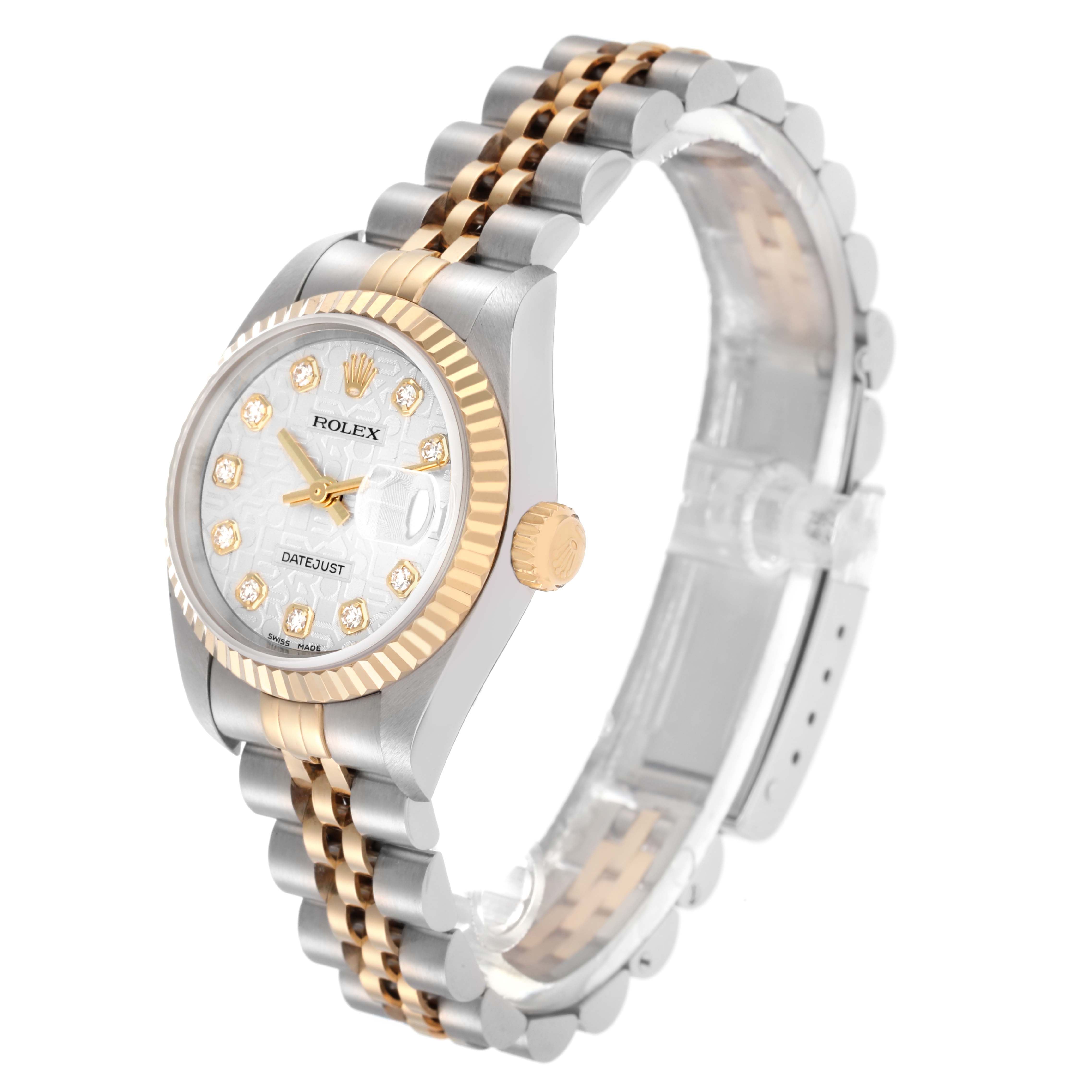 The Rolex Datejust 79173 Women
s Steel and Gold (two tone) Silver Dial 79173 Women
s Steel and Gold (two tone) Silver Dial watch is shown at a slight angle, highlighting the dial, bezel, and two-tone bracelet.