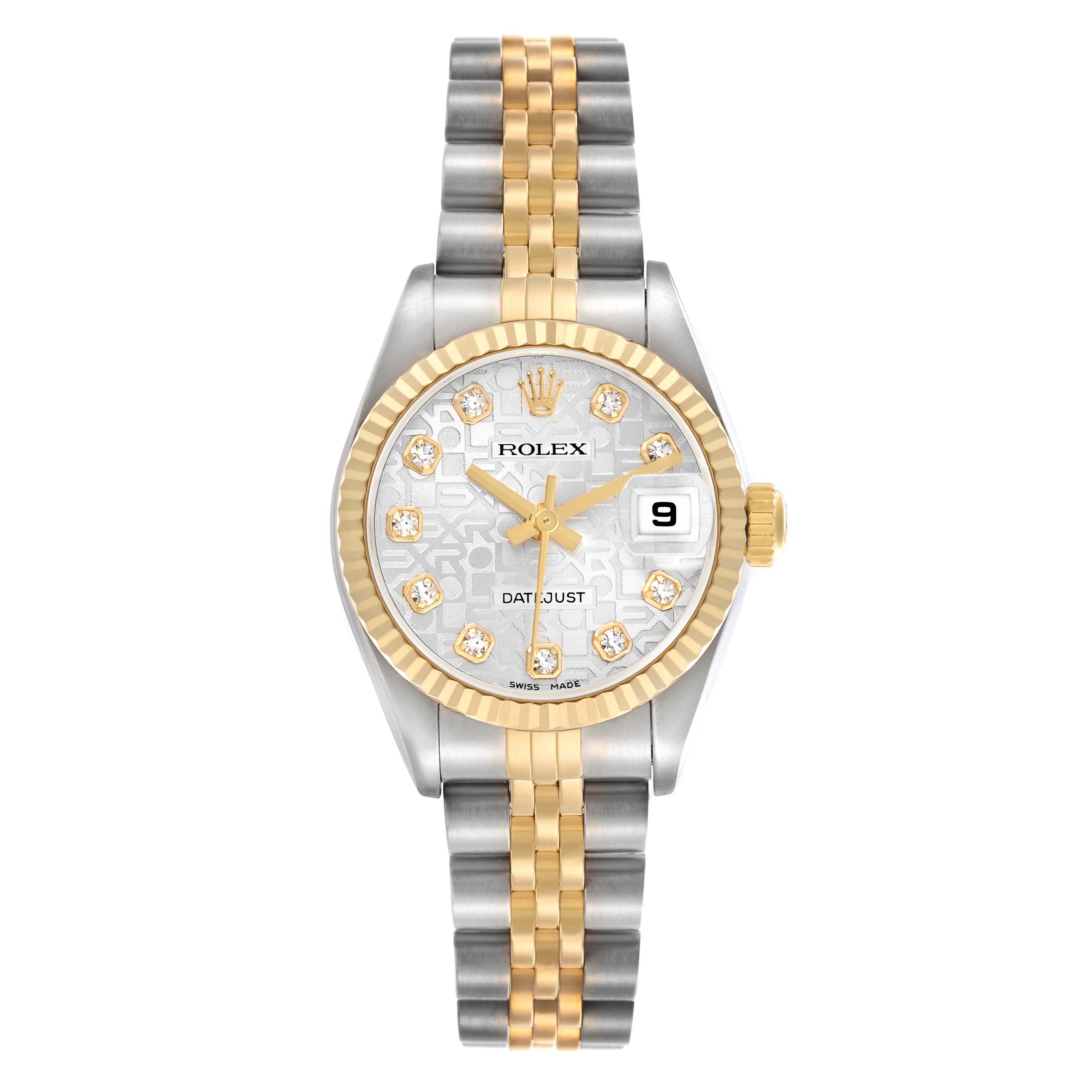 The Rolex Datejust 79173 Women
s Steel and Gold (two tone) Silver Dial 79173 Women
s Steel and Gold (two tone) Silver Dial watch is shown from a top-down angle, highlighting the face, bezel, and two-tone bracelet.