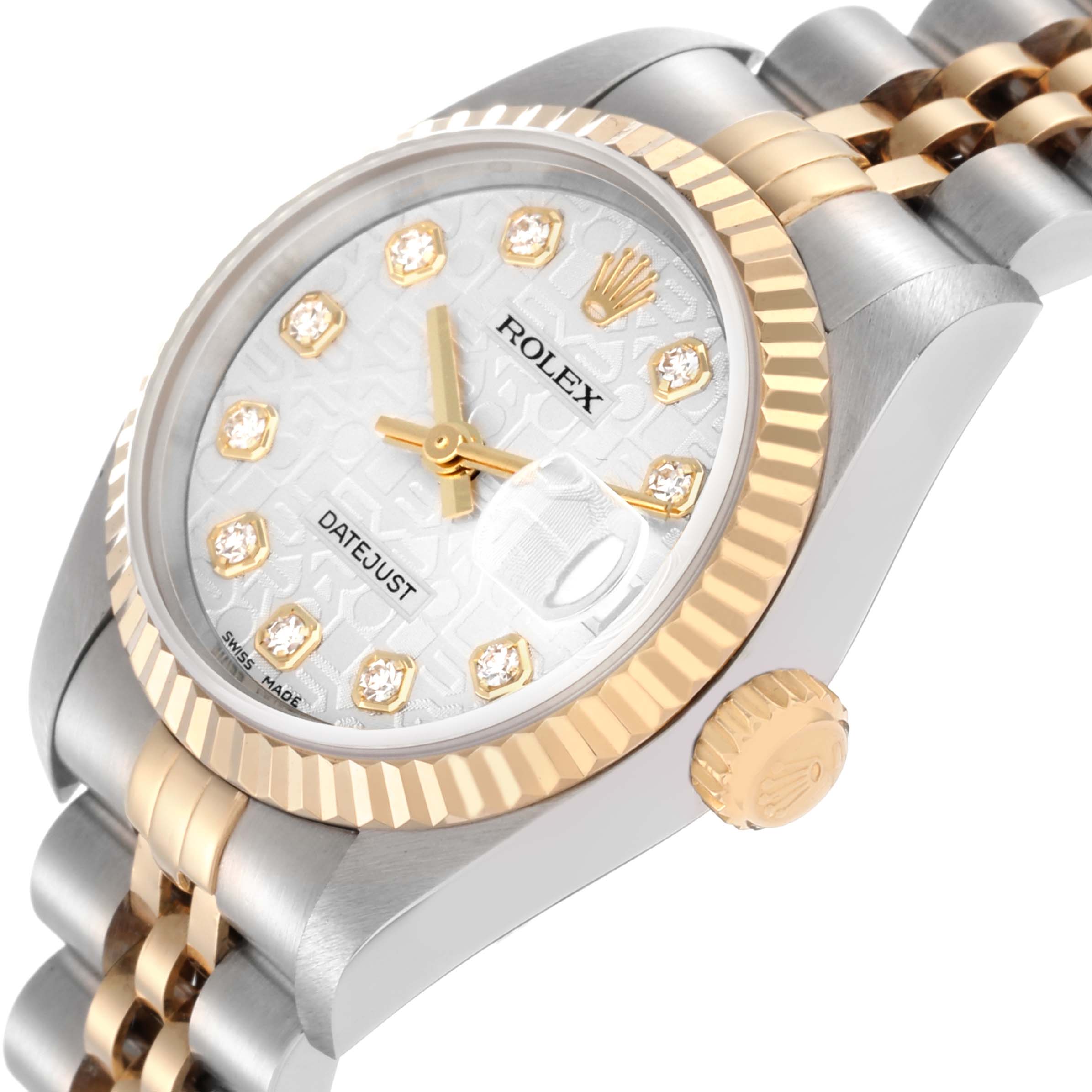 The Rolex Datejust 79173 Women
s Steel and Gold (two tone) Silver Dial 79173 Women
s Steel and Gold (two tone) Silver Dial watch is shown at an angled side view, displaying the dial, bezel, crown, and part of the bracelet.