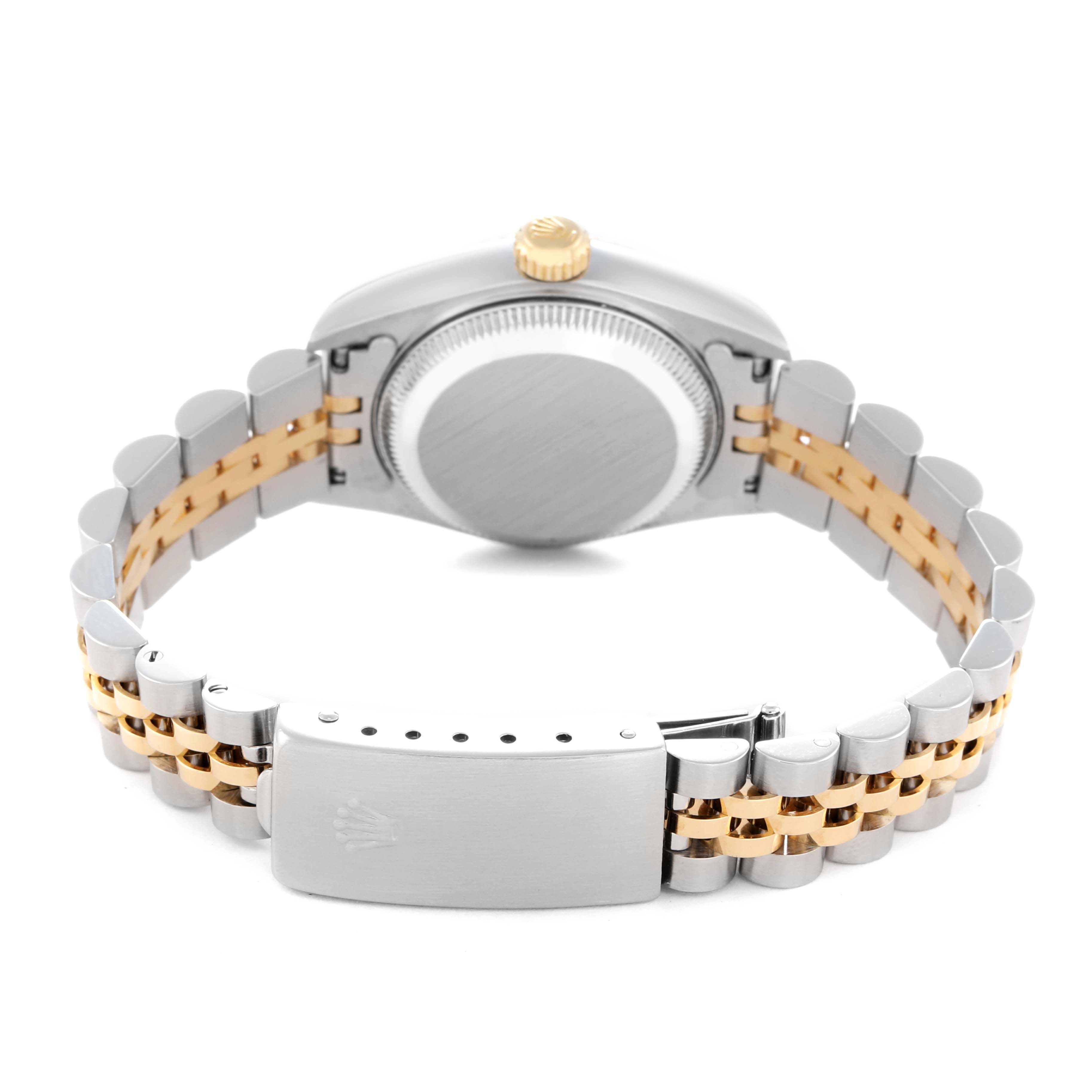 The image shows the back and clasp of a Rolex Datejust 79173 Women
s Steel and Gold (two tone) Silver Dial 79173 Women
s Steel and Gold (two tone) Silver Dial, highlighting the two-tone bracelet and crown.