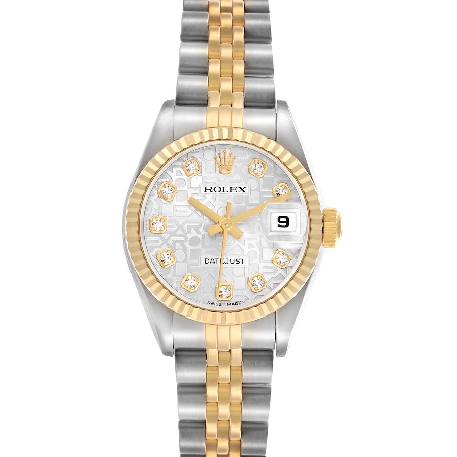The Rolex Datejust watch is shown from the front, highlighting the two-tone bracelet, fluted bezel, and diamond hour markers.