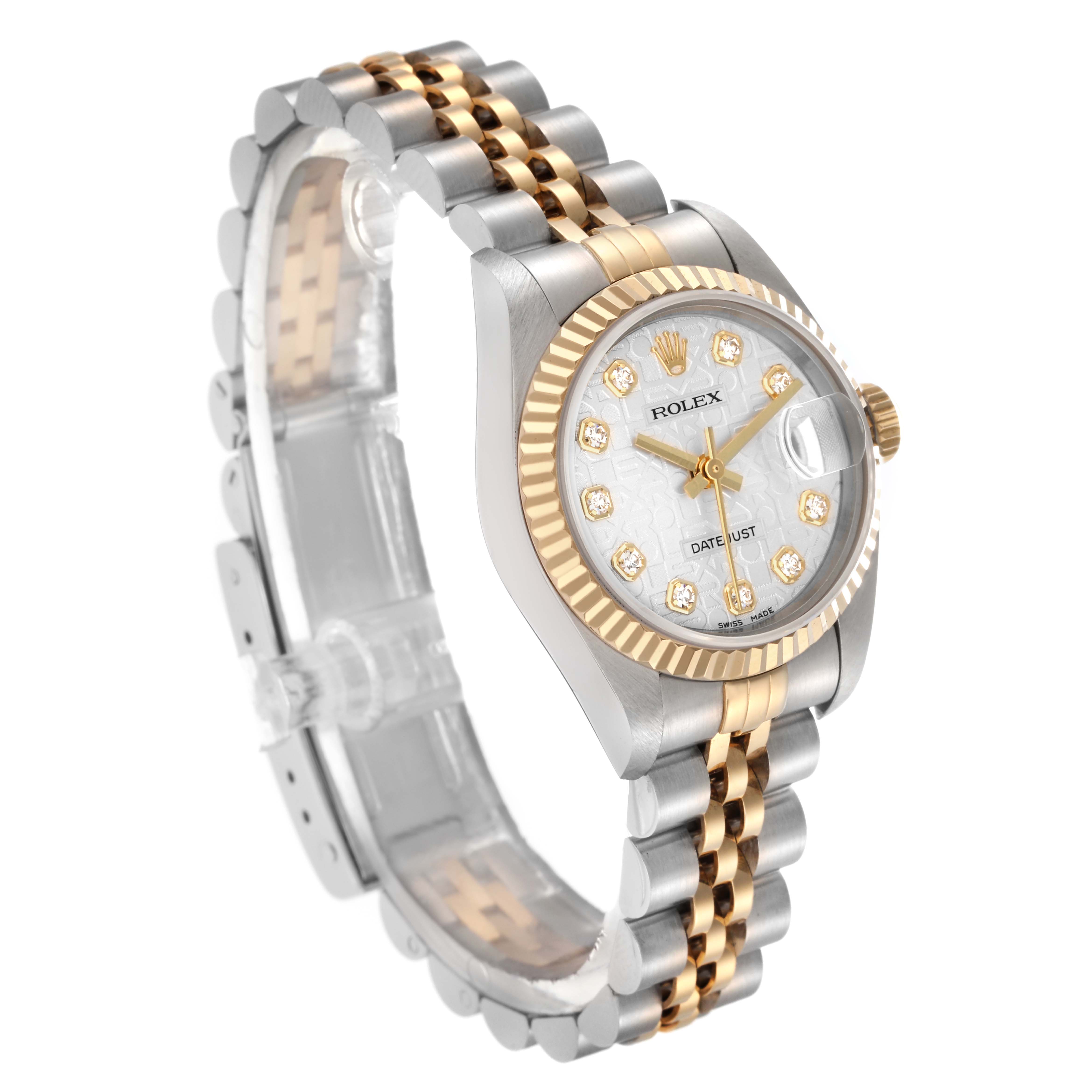 The Rolex Datejust 79173 Women
s Steel and Gold (two tone) Silver Dial 79173 Women
s Steel and Gold (two tone) Silver Dial watch is shown at an angled side view, highlighting the dial, two-tone bracelet, and fluted bezel.