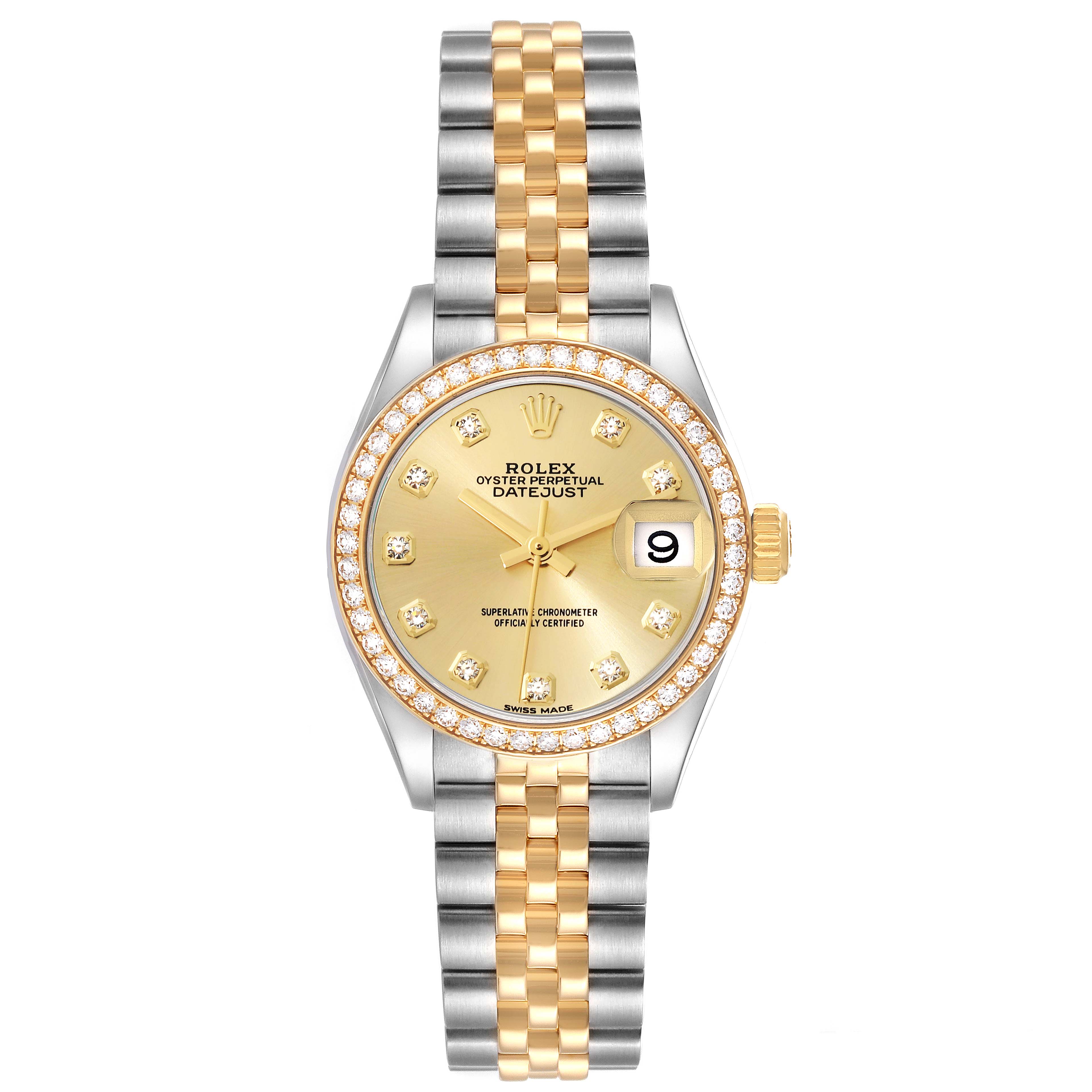 This image shows a Rolex Datejust 279383 Women's Steel and Gold (two tone) Champagne Dial 279383 Women's Steel and Gold (two tone) Champagne Dial watch from a top-down angle, highlighting its gold dial, two-tone bracelet, and diamond bezel.