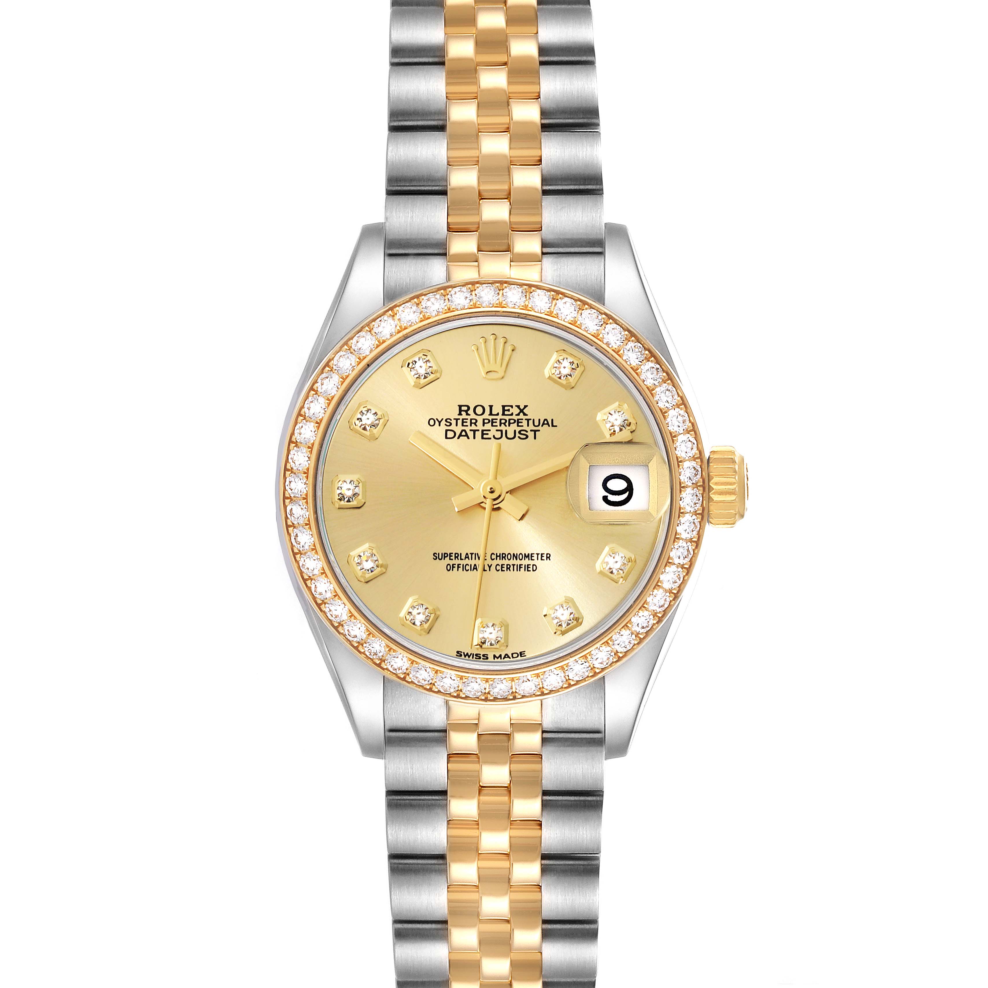 This image shows a frontal view of a Rolex Datejust 279383 Women's Steel and Gold (two tone) Champagne Dial 279383 Women's Steel and Gold (two tone) Champagne Dial watch, highlighting its gold dial, diamond markers, and two-tone bracelet.
