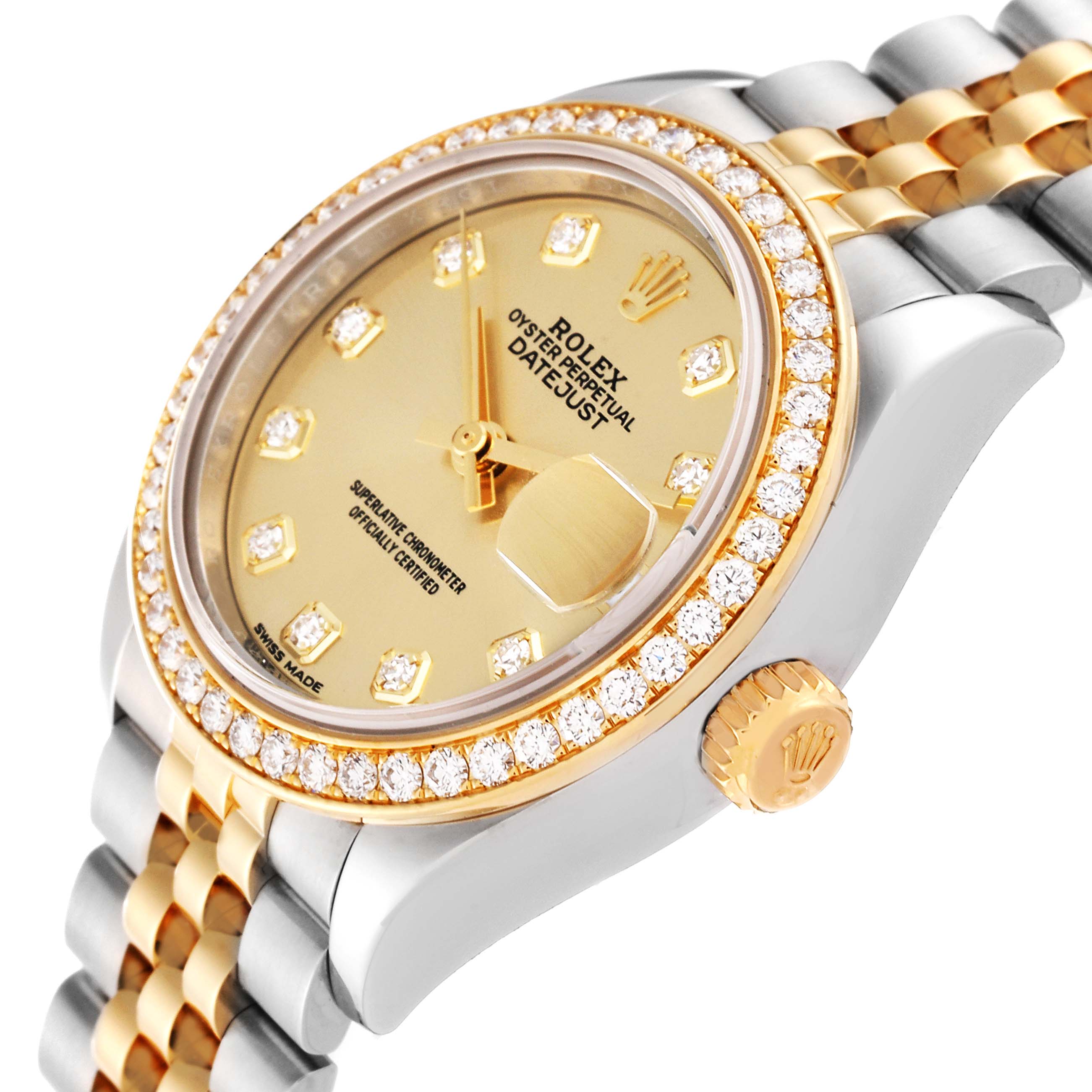 The image shows a close-up, angled view of the Rolex Datejust 279383 Women's Steel and Gold (two tone) Champagne Dial 279383 Women's Steel and Gold (two tone) Champagne Dial, focusing on its dial, bezel, and part of the bracelet.