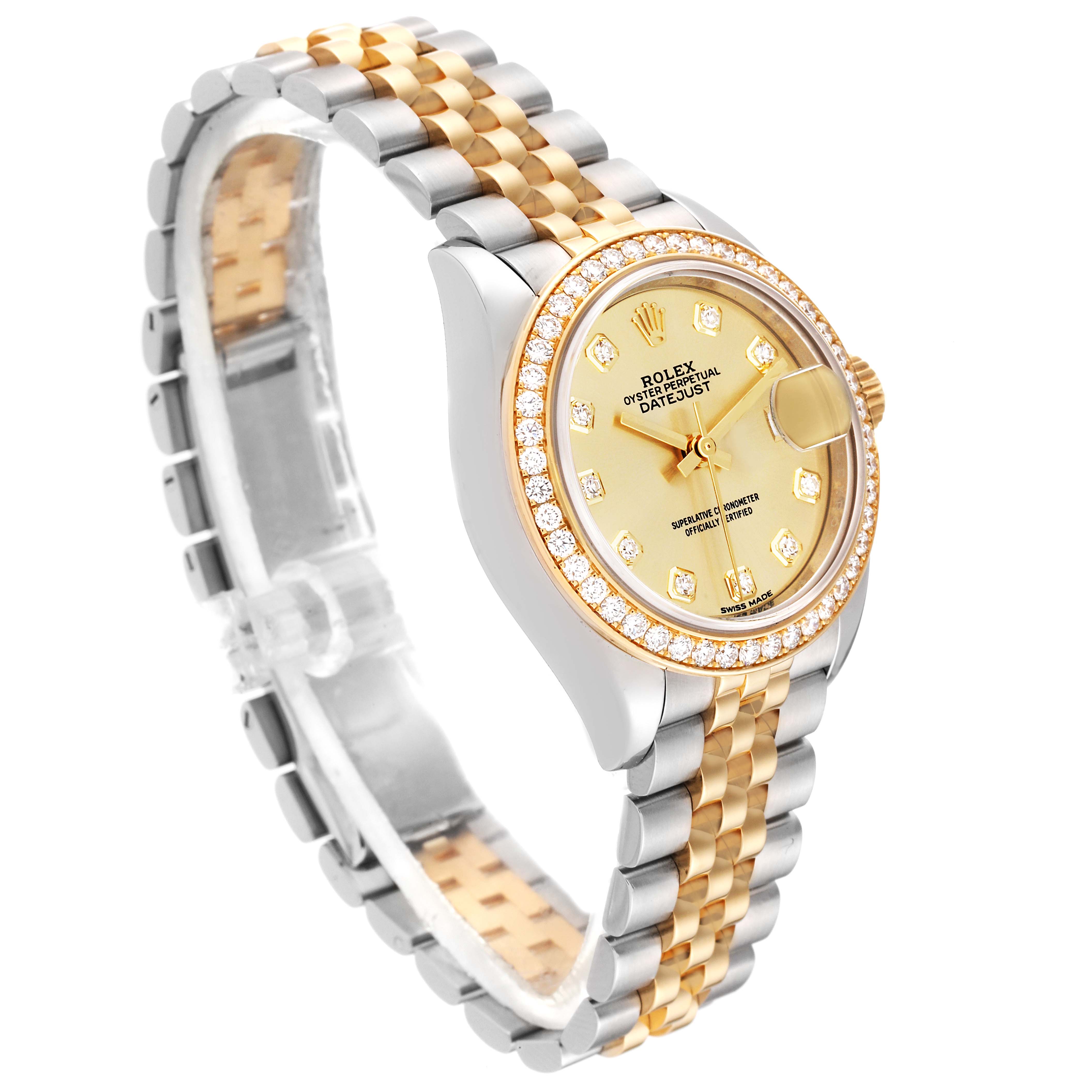 This image shows a side view of the Rolex Datejust 279383 Women's Steel and Gold (two tone) Champagne Dial 279383 Women's Steel and Gold (two tone) Champagne Dial watch highlighting its face, bezel, crown, and two-tone bracelet.