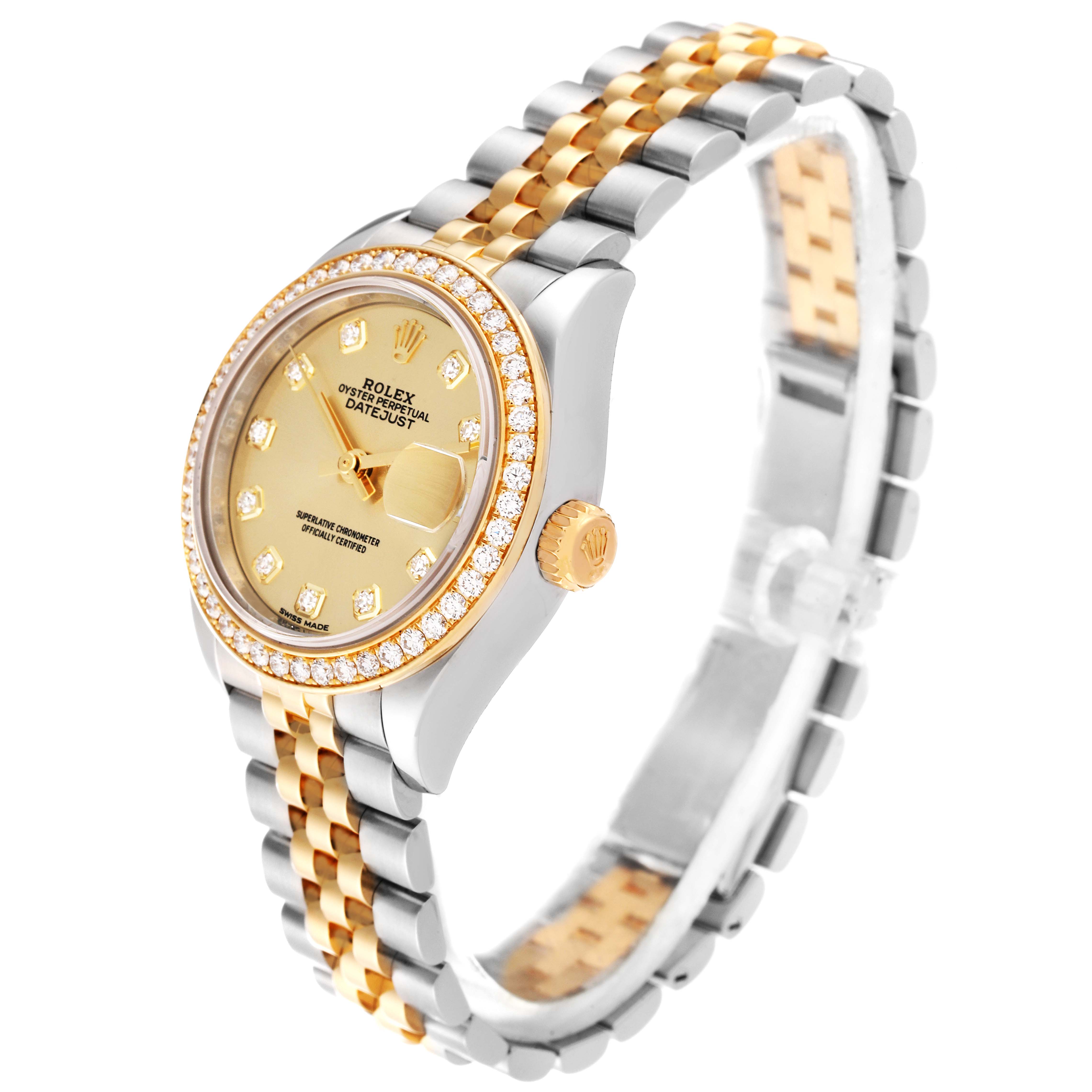 The image shows a Rolex Datejust 279383 Women's Steel and Gold (two tone) Champagne Dial 279383 Women's Steel and Gold (two tone) Champagne Dial watch at a three-quarter angle, highlighting the bezel, dial, and bracelet.
