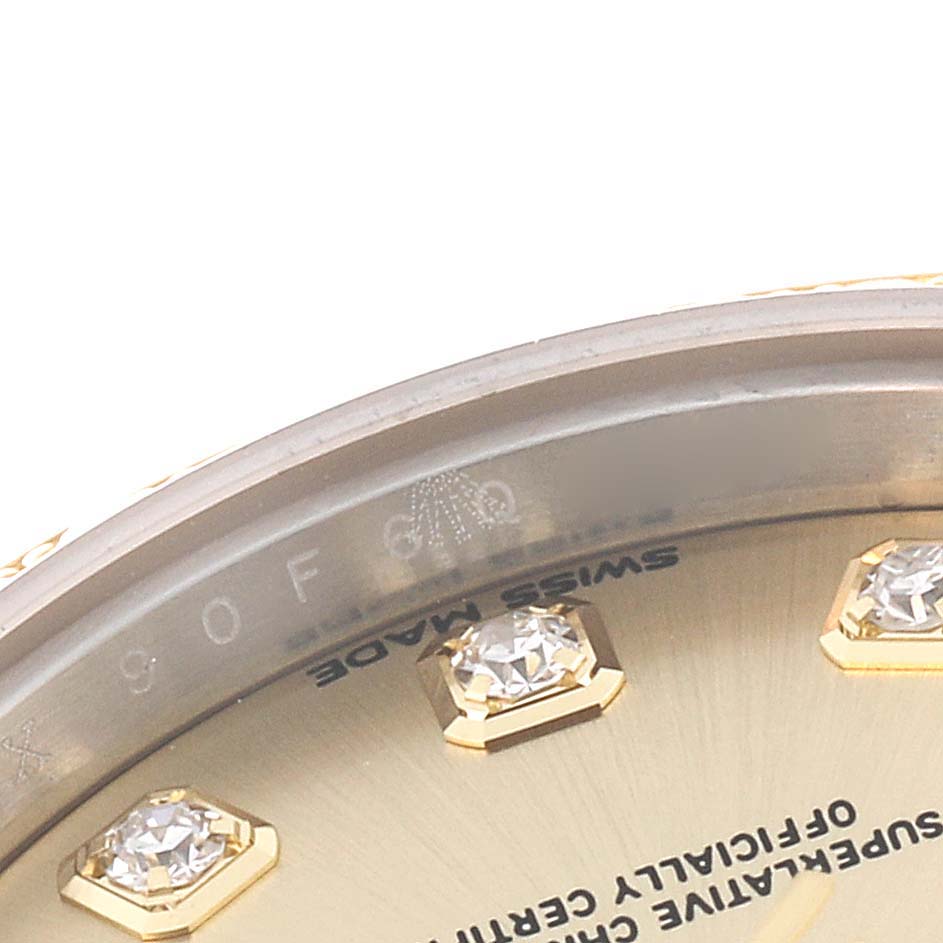The image shows a close-up of the dial and bezel of a Rolex Datejust 279383 Women's Steel and Gold (two tone) Champagne Dial 279383 Women's Steel and Gold (two tone) Champagne Dial watch, featuring diamond markers.