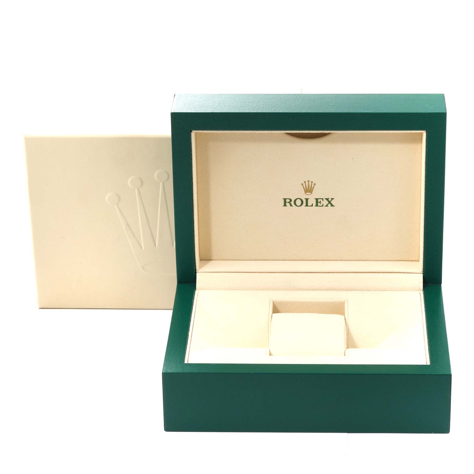 The image shows an open Rolex Datejust 279383 Women's Steel and Gold (two tone) Champagne Dial 279383 Women's Steel and Gold (two tone) Champagne Dial watch box, showcasing its cushioned interior and the Rolex logo on the inner lid.