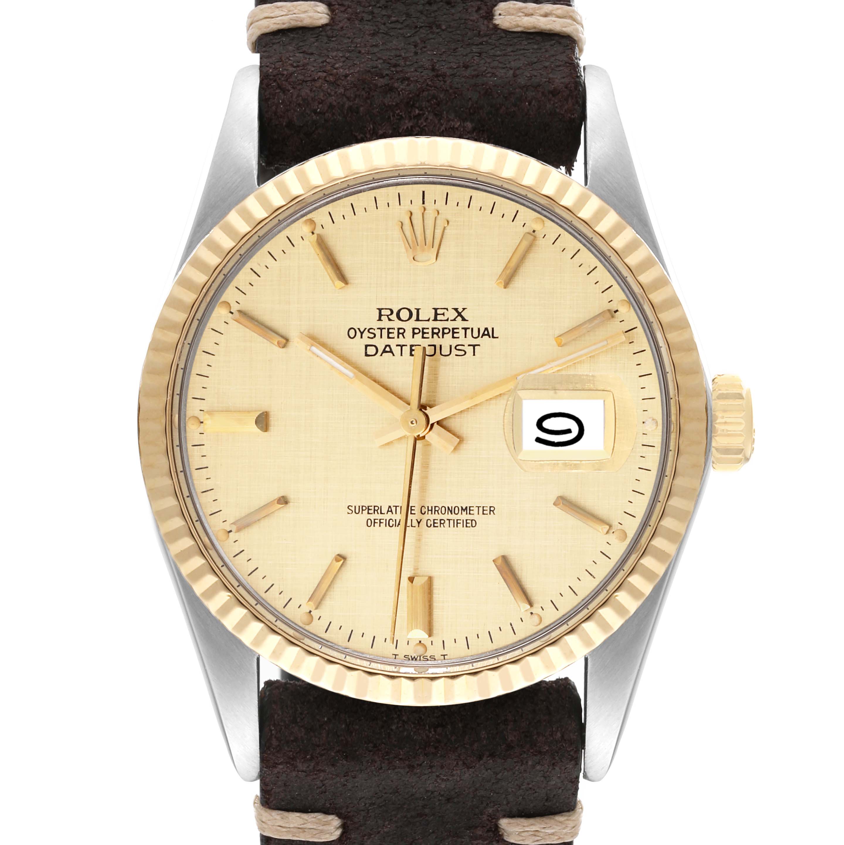 The Rolex Vintage Collection 16013 Men's Steel and Gold (two tone) Champagne Dial 16013 Men's Steel and Gold (two tone) Champagne Dial Datejust watch is depicted from a front angle, highlighting the dial, bezel, crown, and leather strap.