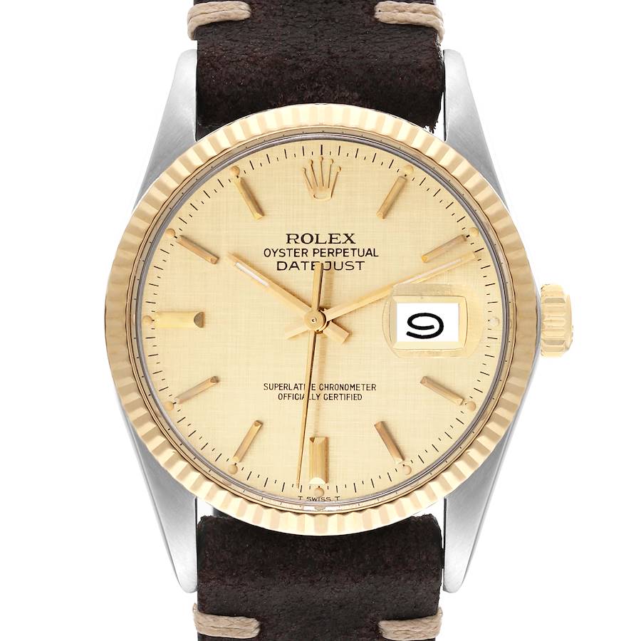 Rolex Datejust Steel Yellow Gold Champagne Linen Dial Vintage Mens Watch 16013 SwissWatchExpo