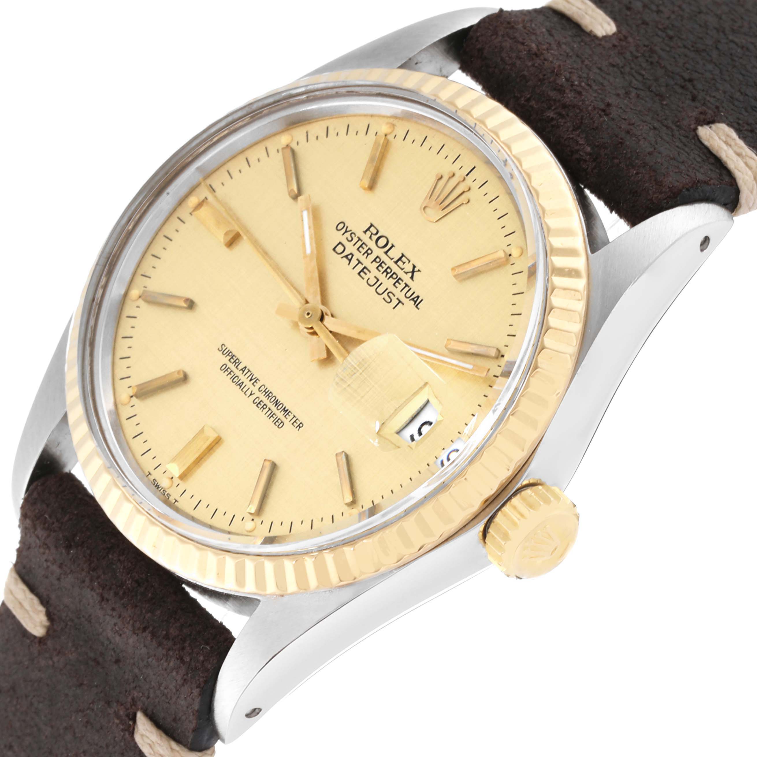 The image shows a close-up view of the Rolex Vintage Collection 16013 Men's Steel and Gold (two tone) Champagne Dial 16013 Men's Steel and Gold (two tone) Champagne Dial Datejust watch's dial, bezel, crown, and part of the leather strap.