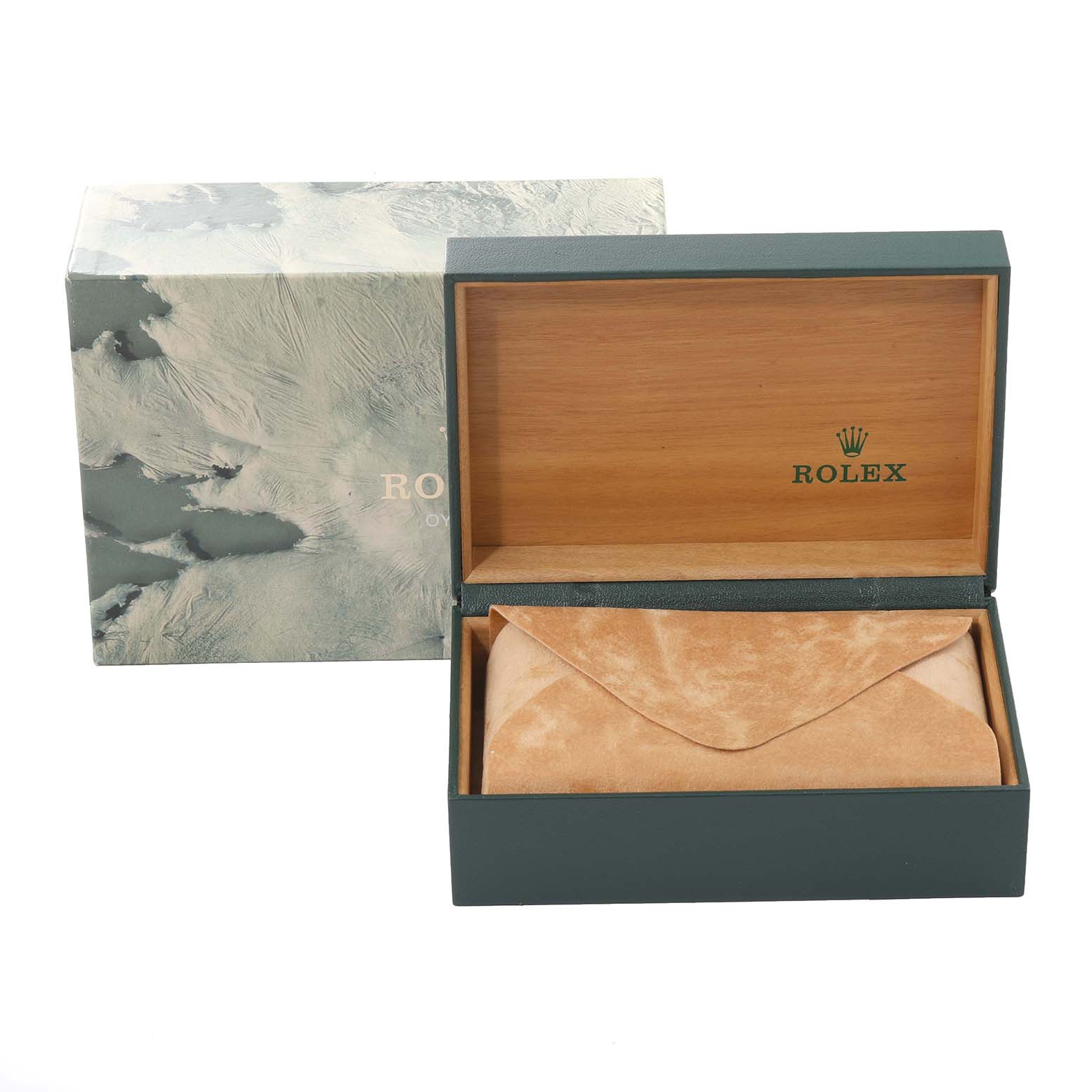 The image shows the packaging and inner wooden box with leather pouch for the Rolex Vintage Collection 16013 Men's Steel and Gold (two tone) Champagne Dial 16013 Men's Steel and Gold (two tone) Champagne Dial model.