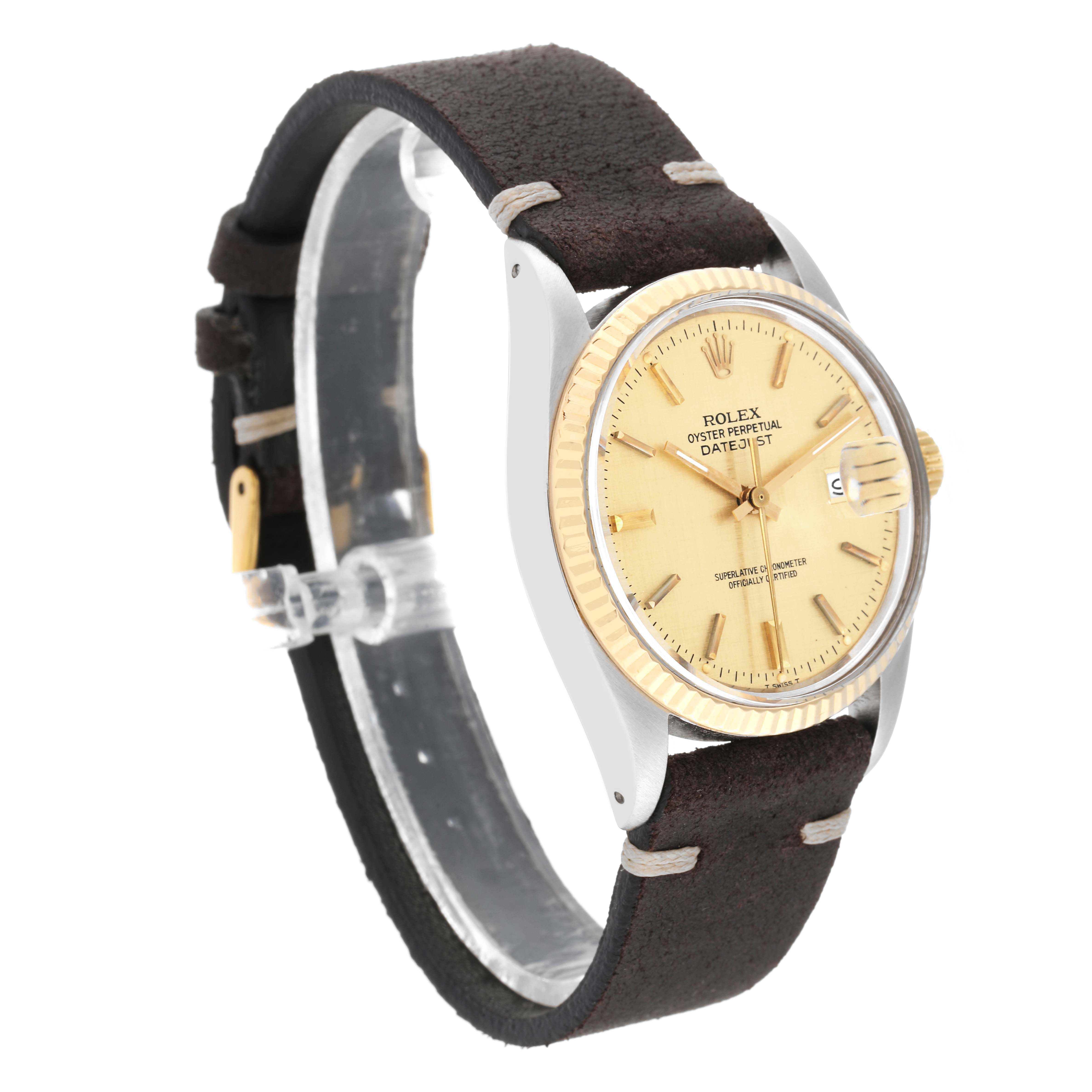 The Rolex Vintage Collection 16013 Men's Steel and Gold (two tone) Champagne Dial 16013 Men's Steel and Gold (two tone) Champagne Dial watch is shown at a three-quarter angle, highlighting the gold dial, bezel, and brown leather strap.