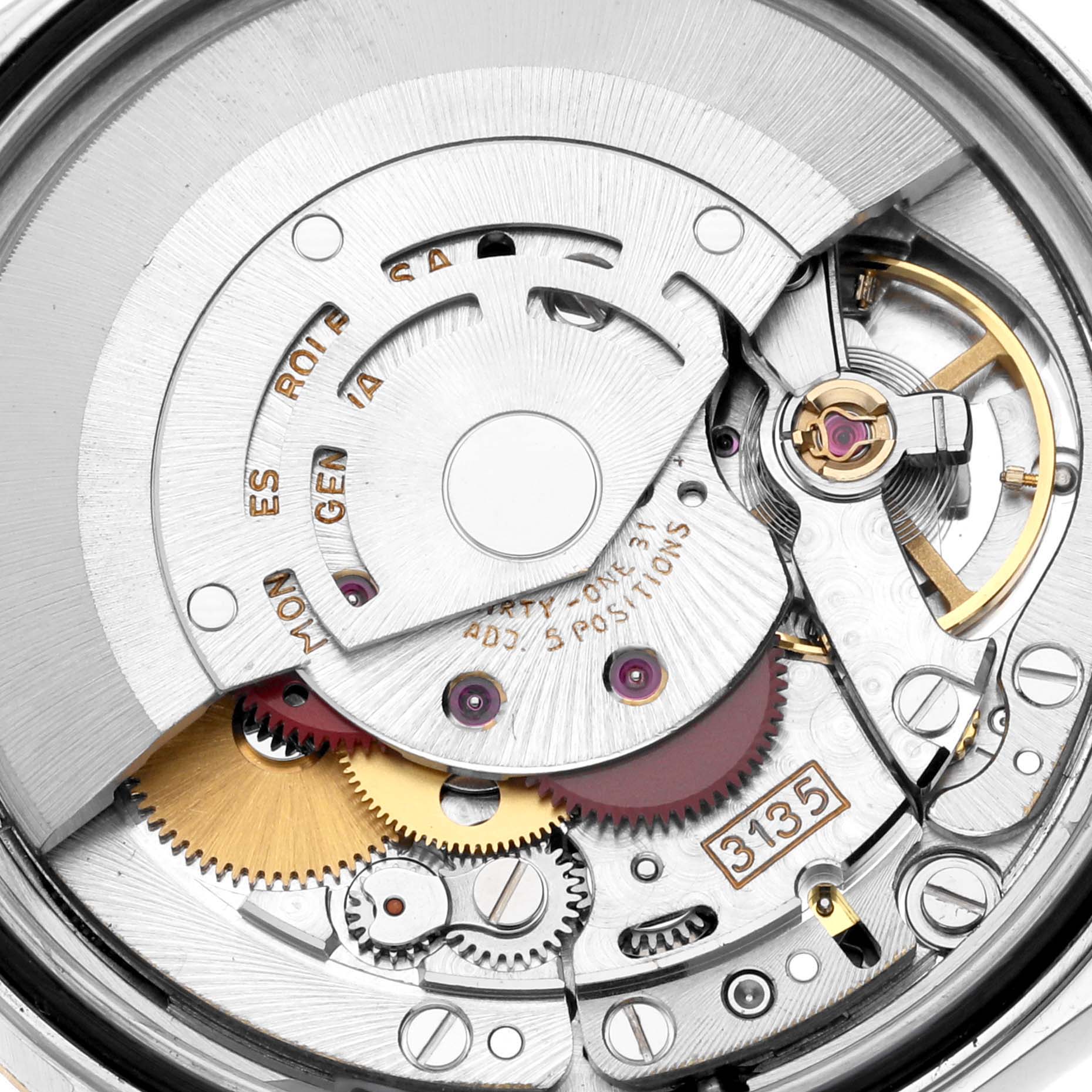 This image shows a close-up view of the movement and internal mechanics of a Rolex Datejust 16233 Men's Steel and Gold (two tone) Beige Dial 16233 Men's Steel and Gold (two tone) Beige Dial watch.