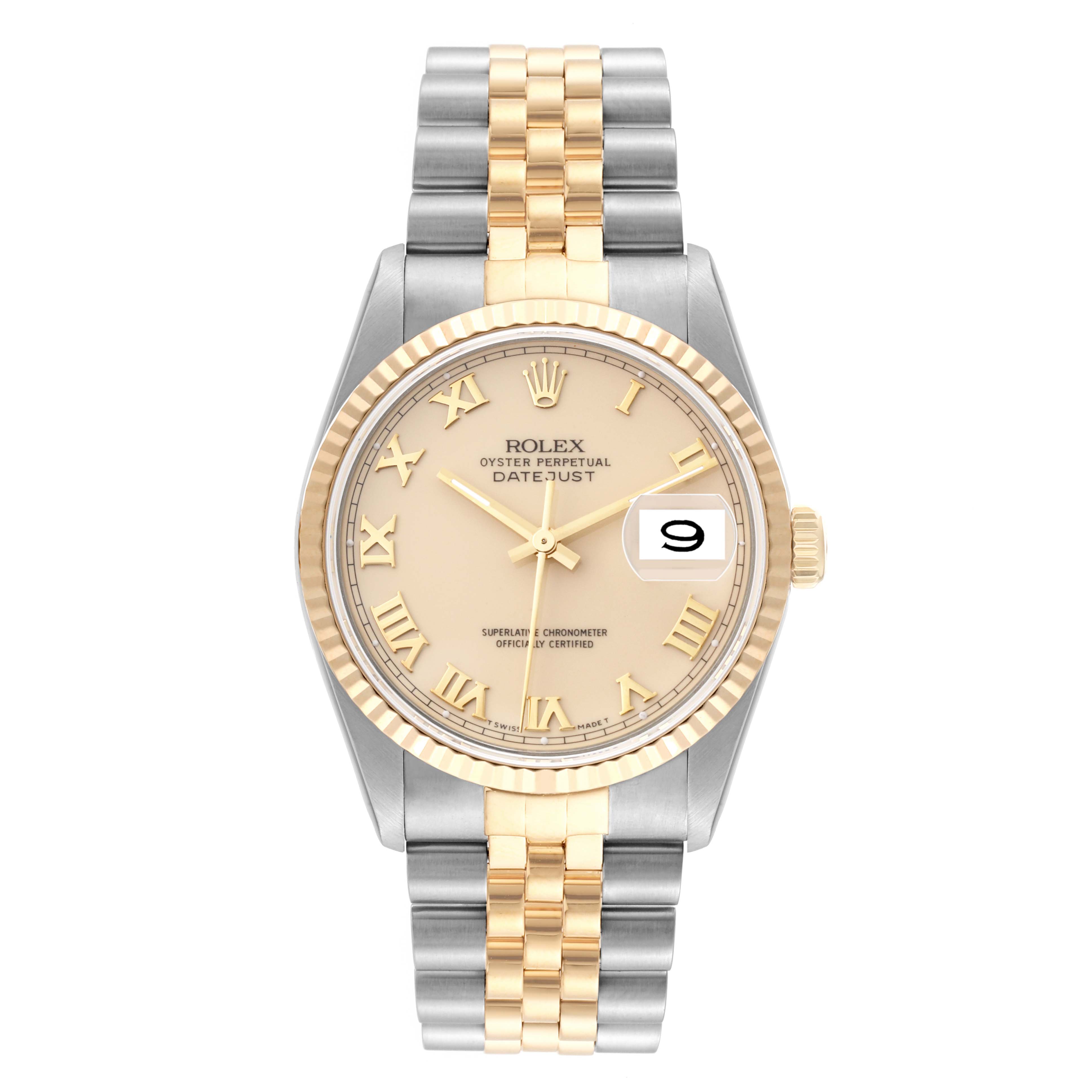 The Rolex Datejust 16233 Men's Steel and Gold (two tone) Beige Dial 16233 Men's Steel and Gold (two tone) Beige Dial watch is shown from the front, displaying the face, bezel, crown, and two-tone bracelet.