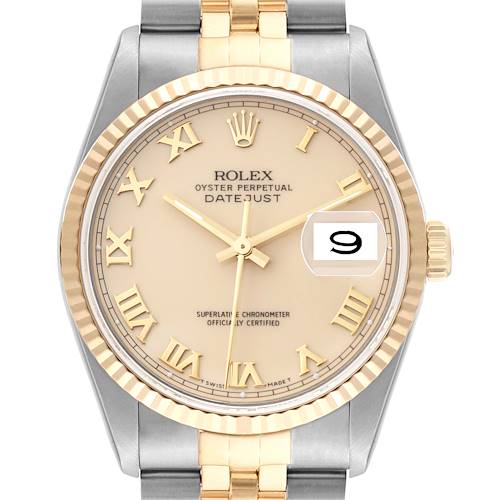 Photo of Rolex Datejust Steel Yellow Gold Ivory Roman Dial Mens Watch 16233 Box Papers