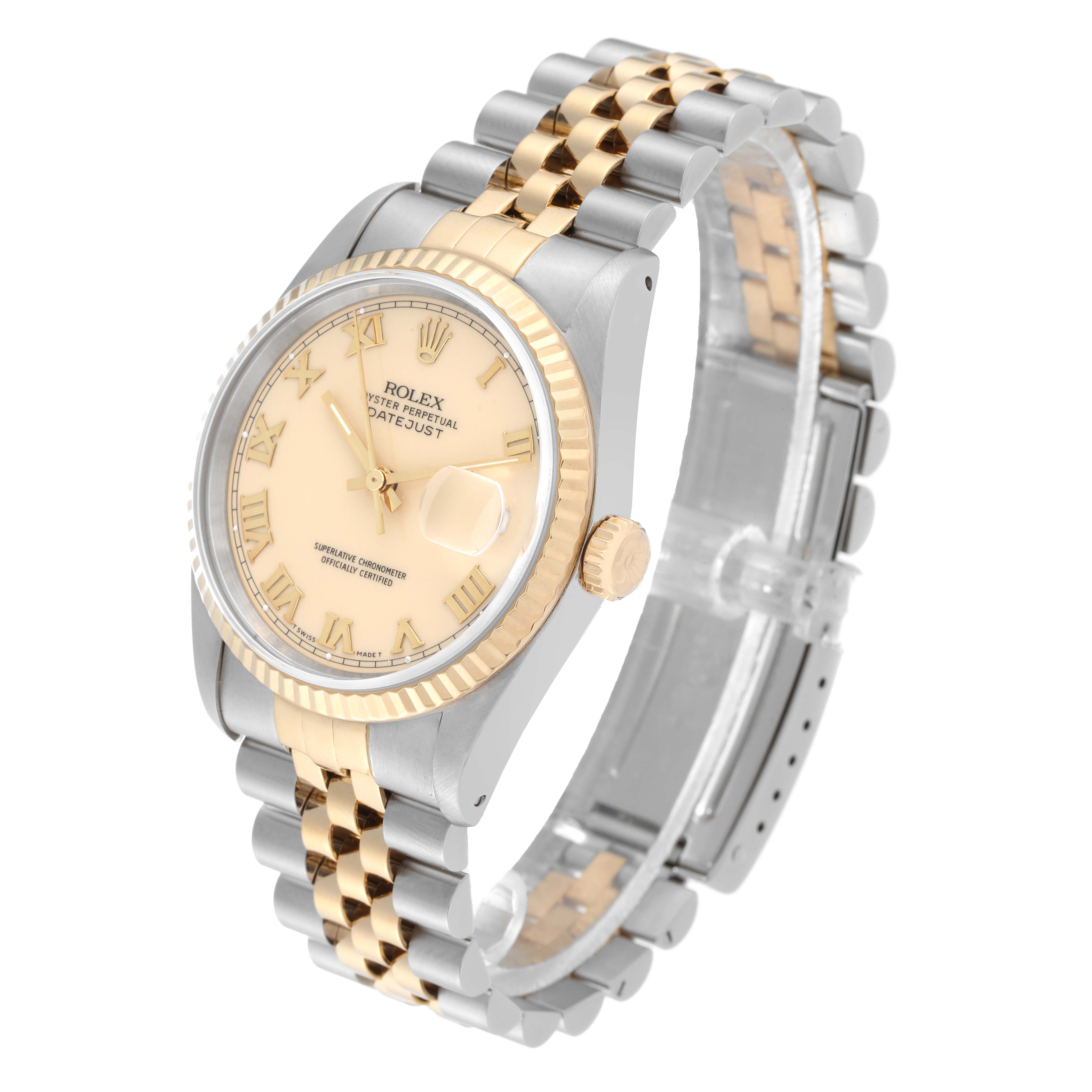 The Rolex Datejust 16233 Men's Steel and Gold (two tone) Beige Dial 16233 Men's Steel and Gold (two tone) Beige Dial watch is shown at a three-quarter angle, highlighting the bezel, dial, and two-tone bracelet.