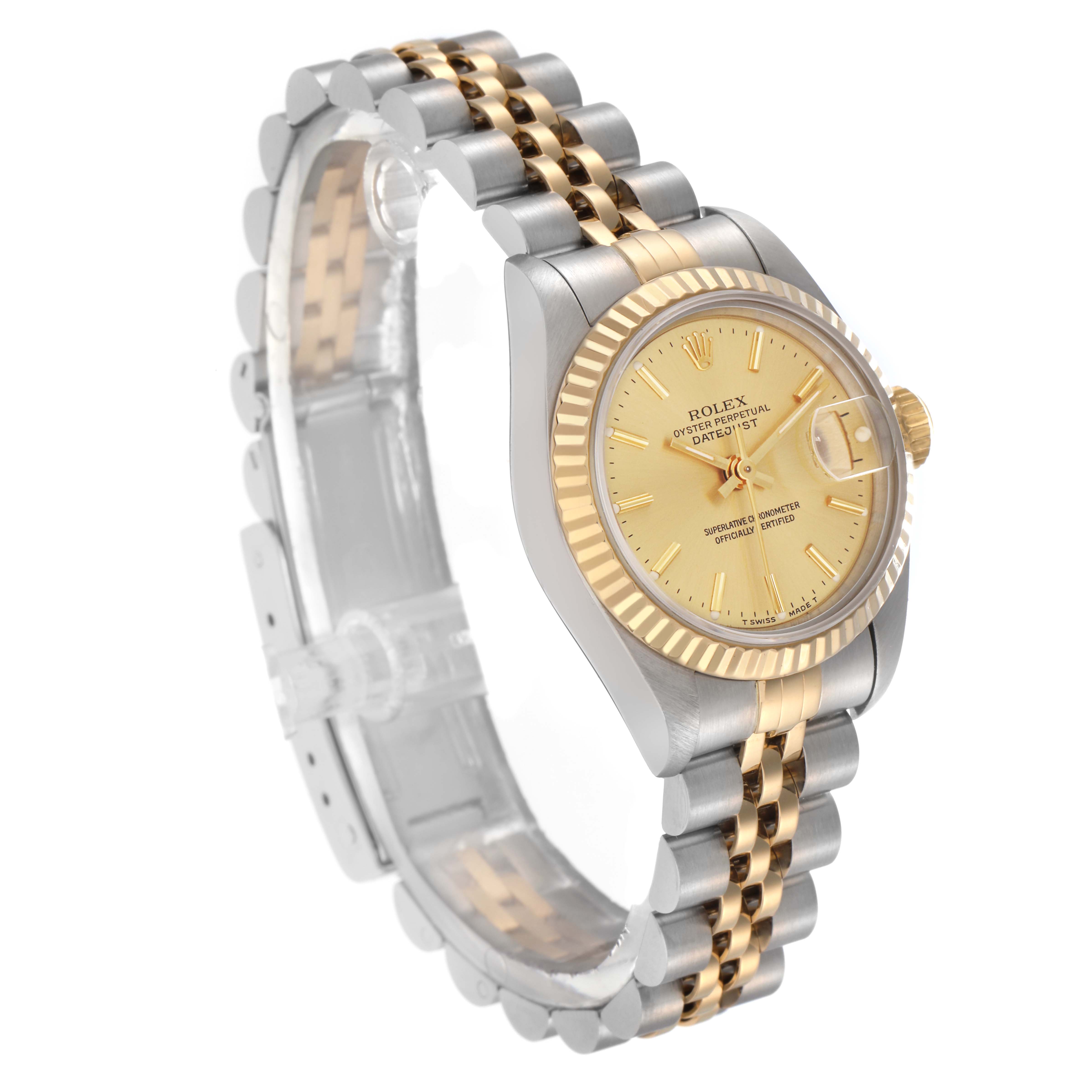 The Rolex Datejust 69173 Women
s Steel and Gold (two tone) Champagne Dial 69173 Women
s Steel and Gold (two tone) Champagne Dial watch is shown at a side angle, highlighting the two-tone bracelet, fluted bezel, and dial with date display.