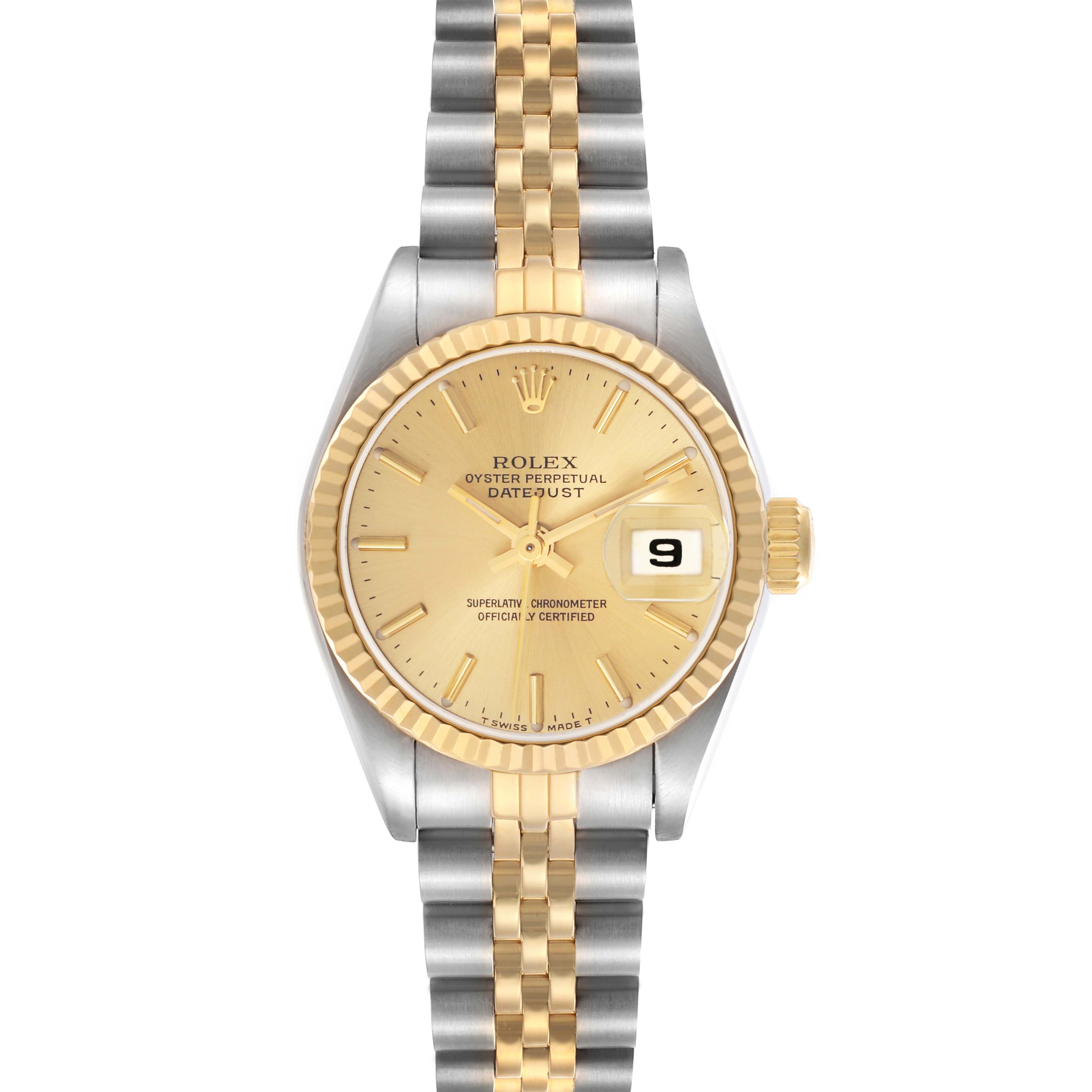 The Rolex Datejust 69173 Women
s Steel and Gold (two tone) Champagne Dial 69173 Women
s Steel and Gold (two tone) Champagne Dial watch is shown from a front angle, displaying the face, bezel, band, and crown.