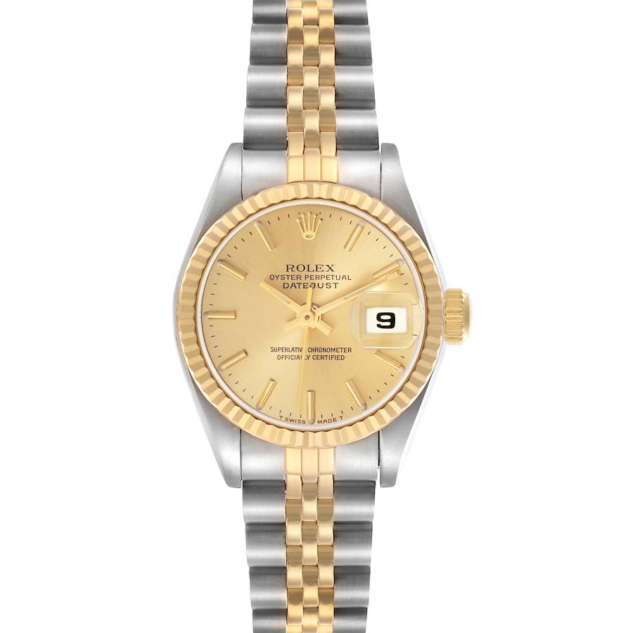 The Rolex Datejust watch is shown from a front angle, displaying the face, bezel, band, and crown.