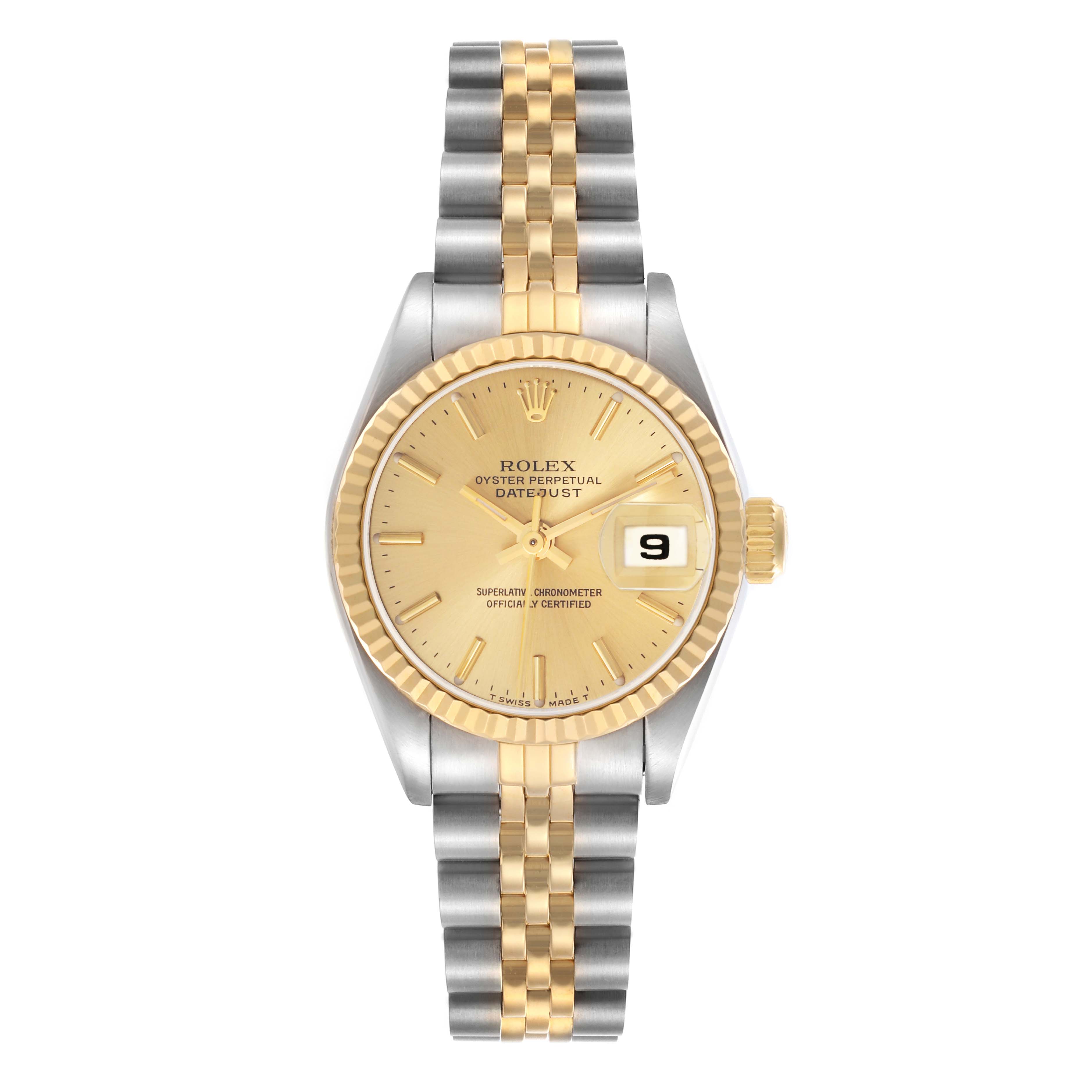 The Rolex Datejust 69173 Women
s Steel and Gold (two tone) Champagne Dial 69173 Women
s Steel and Gold (two tone) Champagne Dial watch is shown from the front, displaying its dial, bezel, crown, and two-tone bracelet.