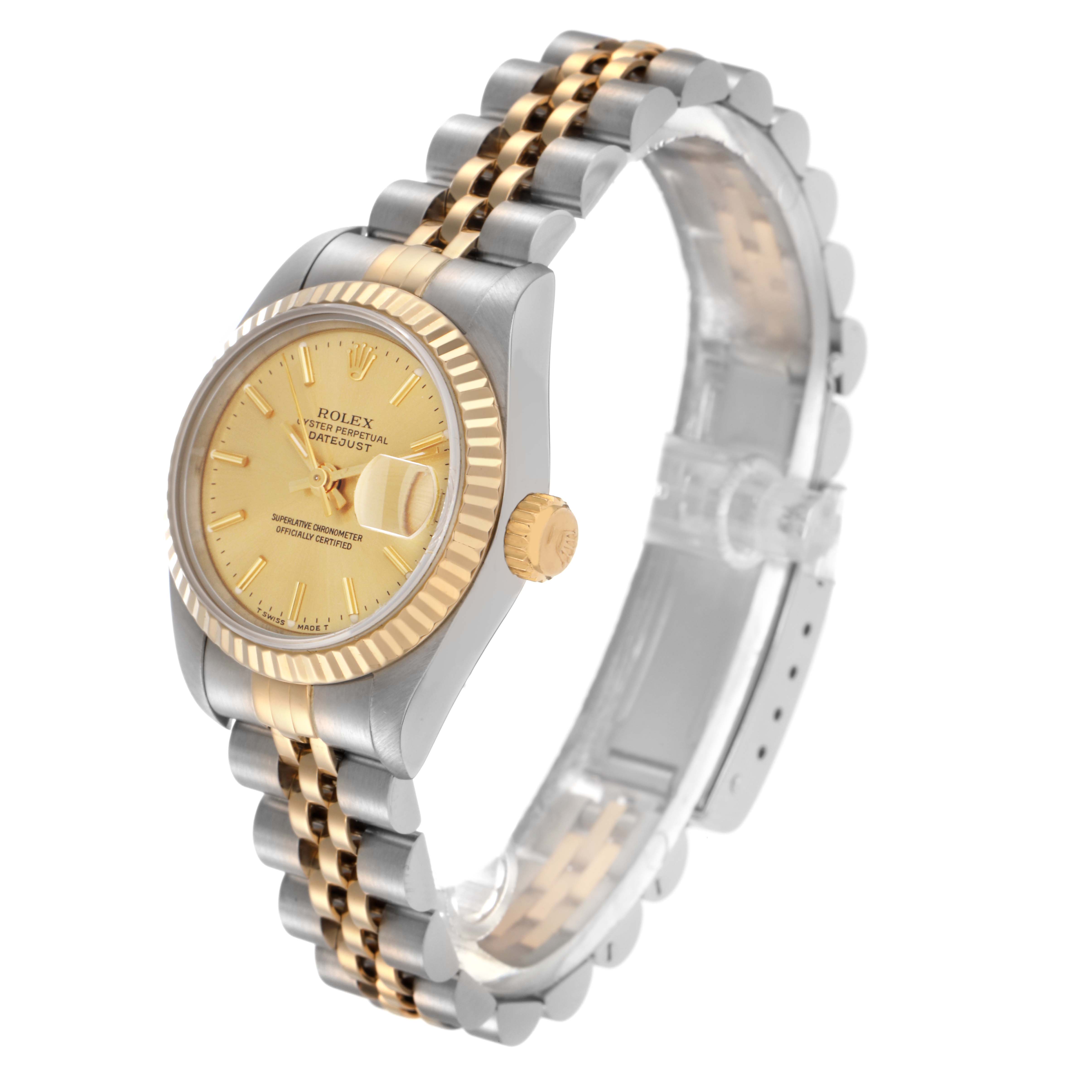 The Rolex Datejust 69173 Women
s Steel and Gold (two tone) Champagne Dial 69173 Women
s Steel and Gold (two tone) Champagne Dial watch is shown at an angled side view, highlighting the dual-tone bracelet, fluted bezel, crown, and face.