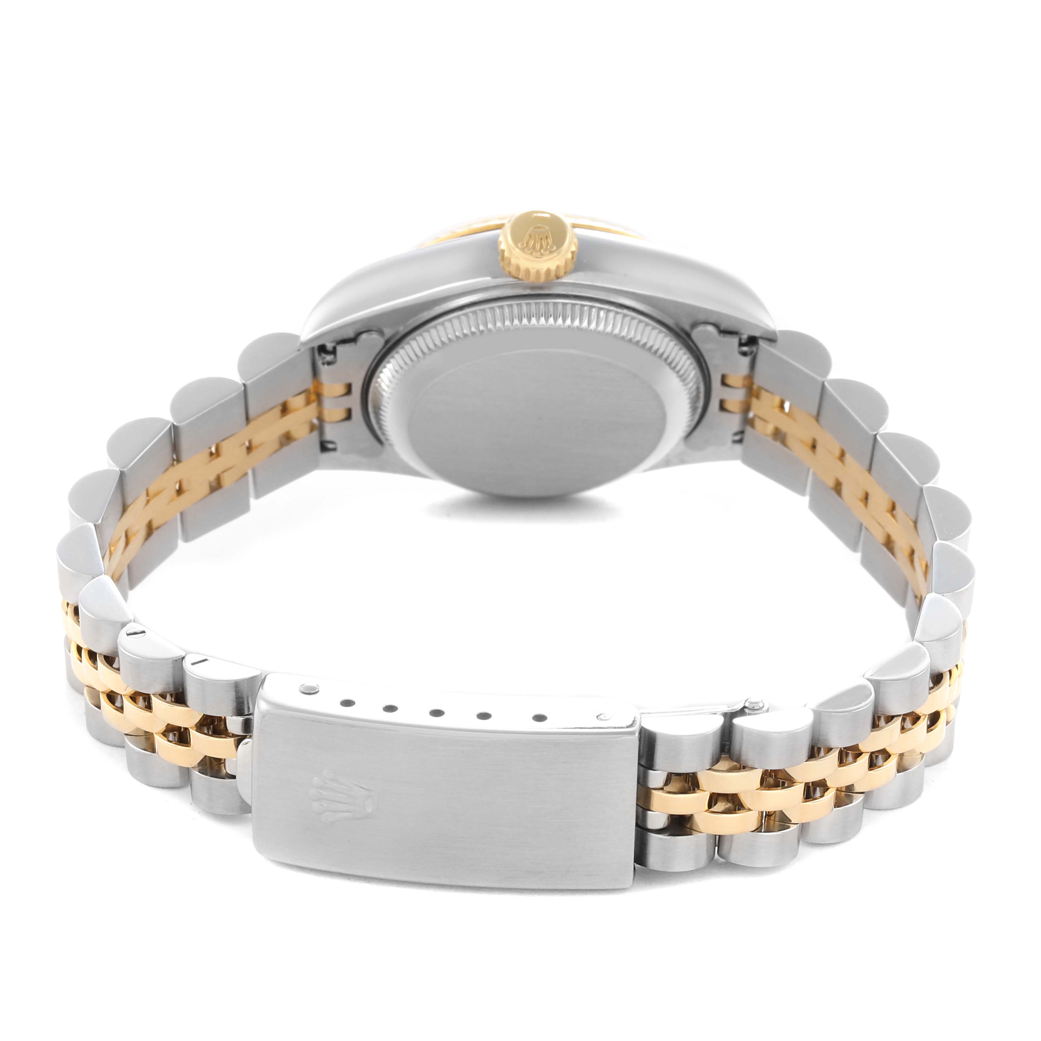 The image shows the back of a Rolex Datejust 69173 Women
s Steel and Gold (two tone) Champagne Dial 69173 Women
s Steel and Gold (two tone) Champagne Dial watch, highlighting the case back, crown, and two-tone bracelet.