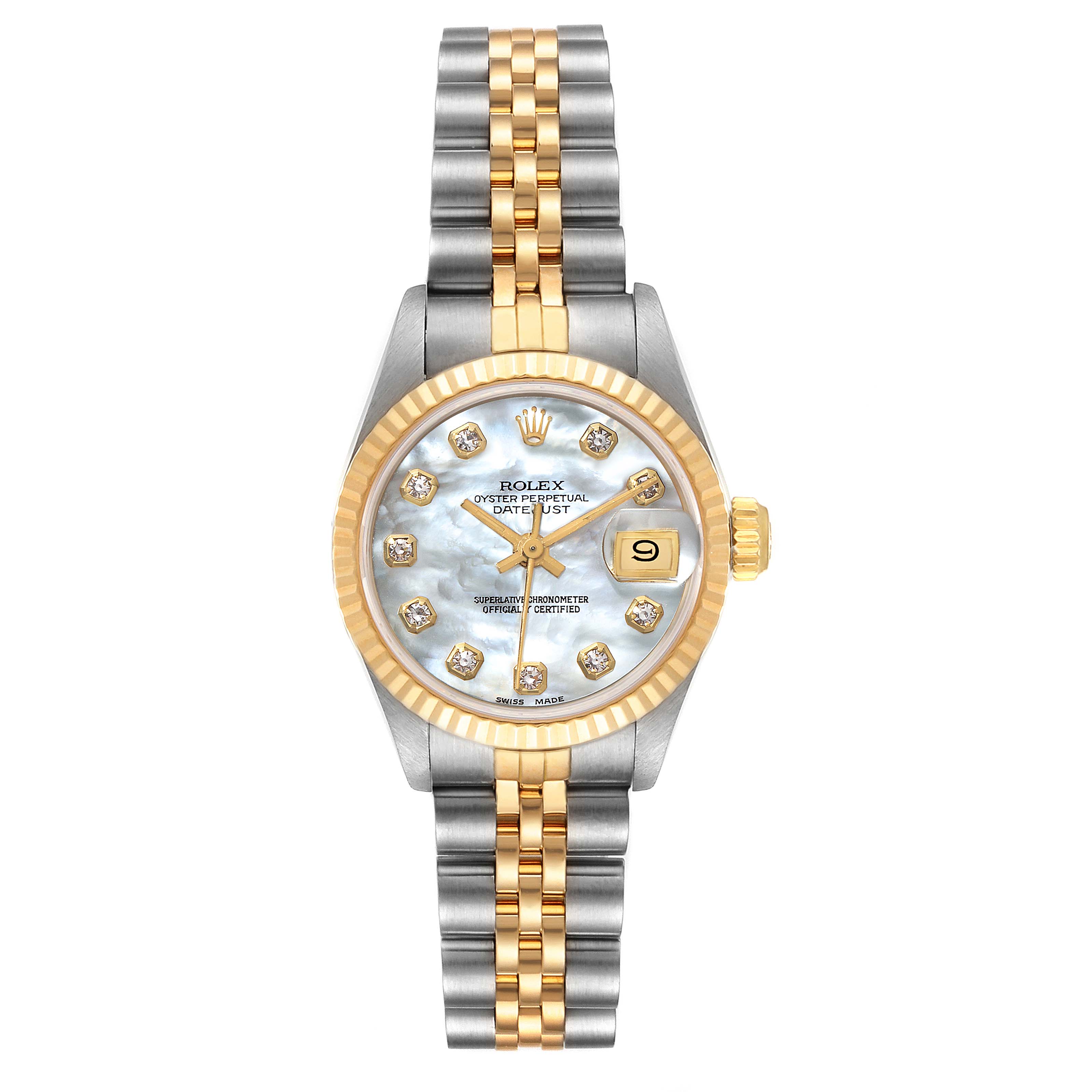 The image shows a Rolex Datejust 69173 Women
s Steel and Gold (two tone) Mother of Pearl Dial 69173 Women
s Steel and Gold (two tone) Mother of Pearl Dial watch from a top-down angle, displaying the dial, bezel, crown, and bracelet.