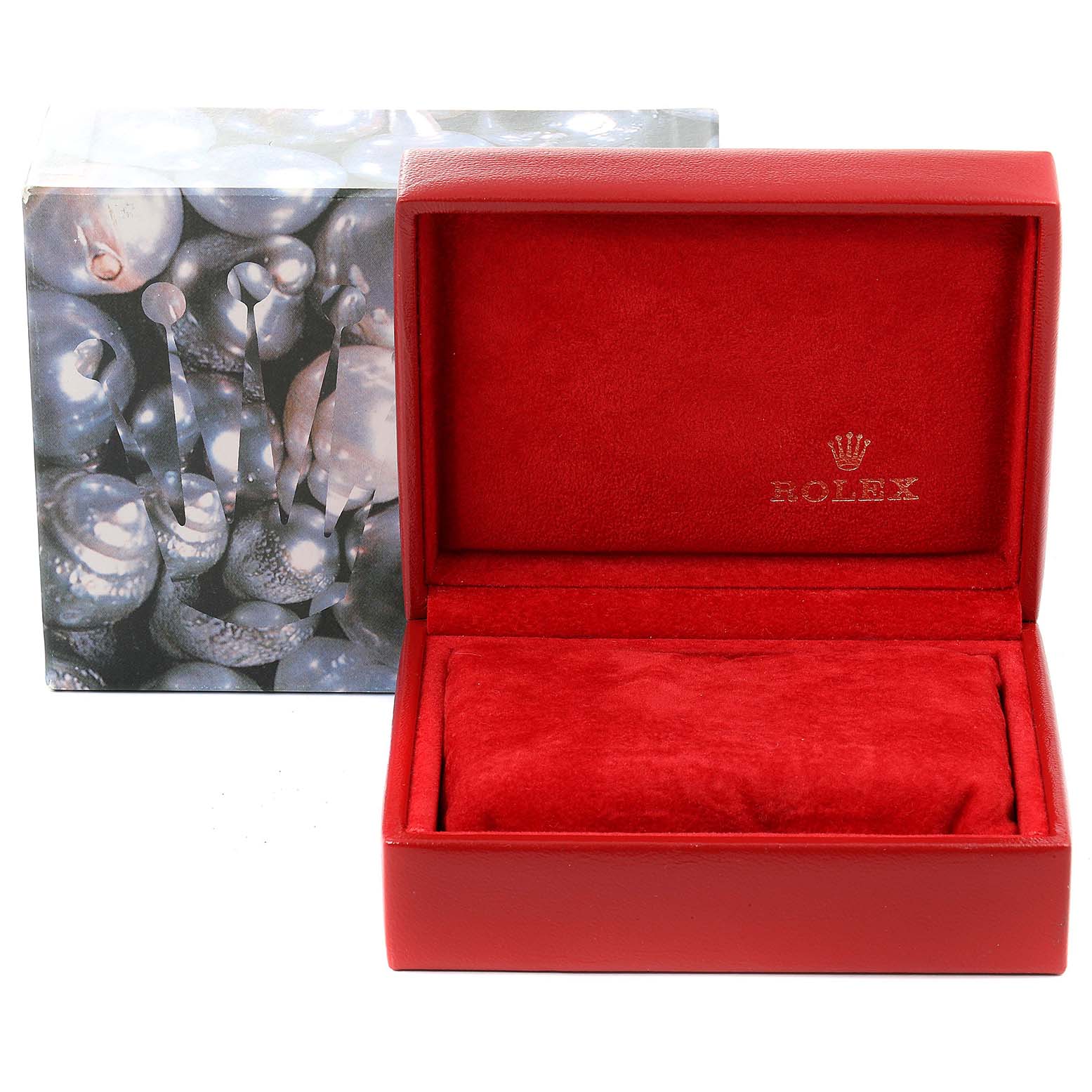 This image shows an empty red Rolex Datejust 69173 Women
s Steel and Gold (two tone) Mother of Pearl Dial 69173 Women
s Steel and Gold (two tone) Mother of Pearl Dial watch box with the lid open.