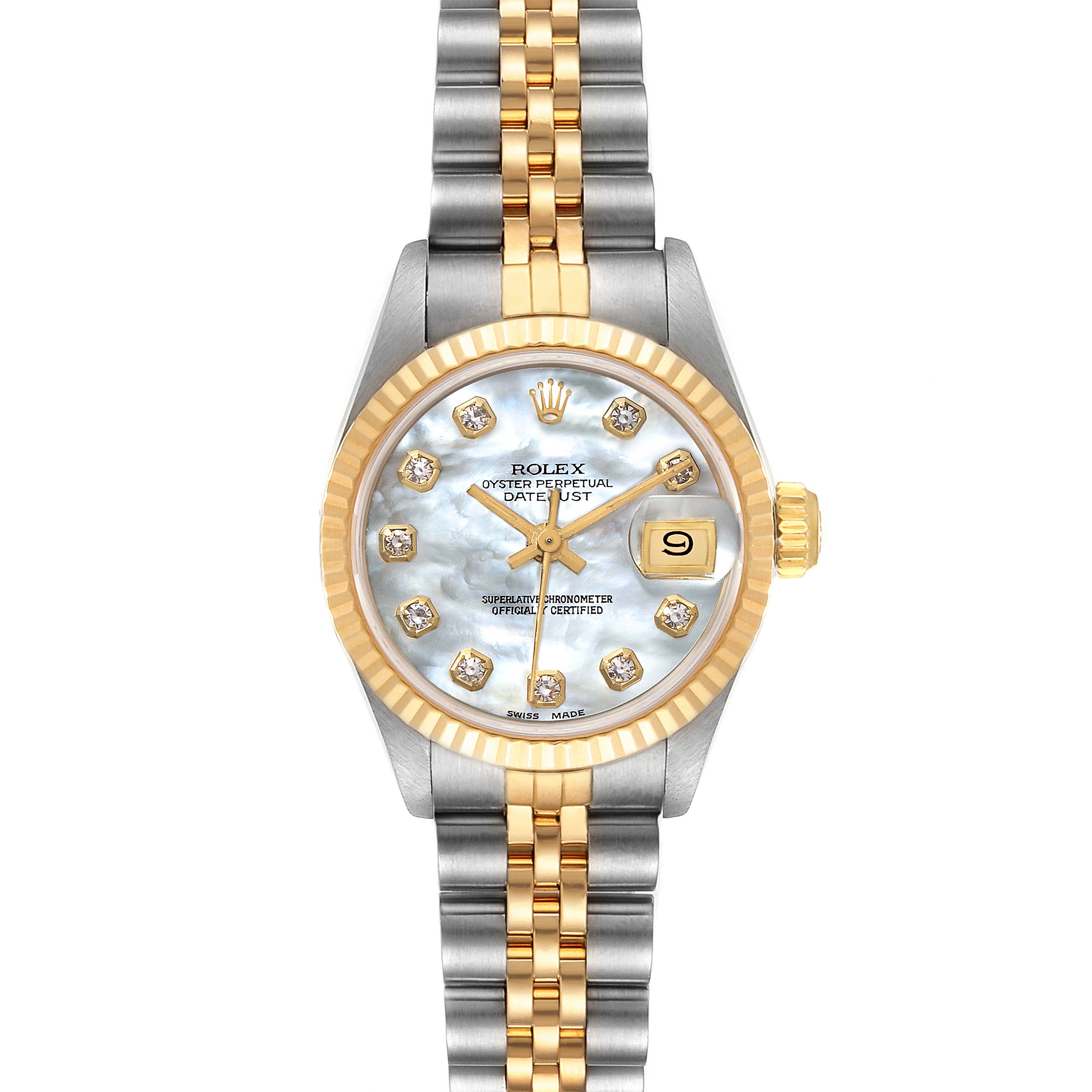 This image shows a front view of the Rolex Datejust 69173 Women
s Steel and Gold (two tone) Mother of Pearl Dial 69173 Women
s Steel and Gold (two tone) Mother of Pearl Dial watch, highlighting the dial, bezel, and two-tone bracelet.