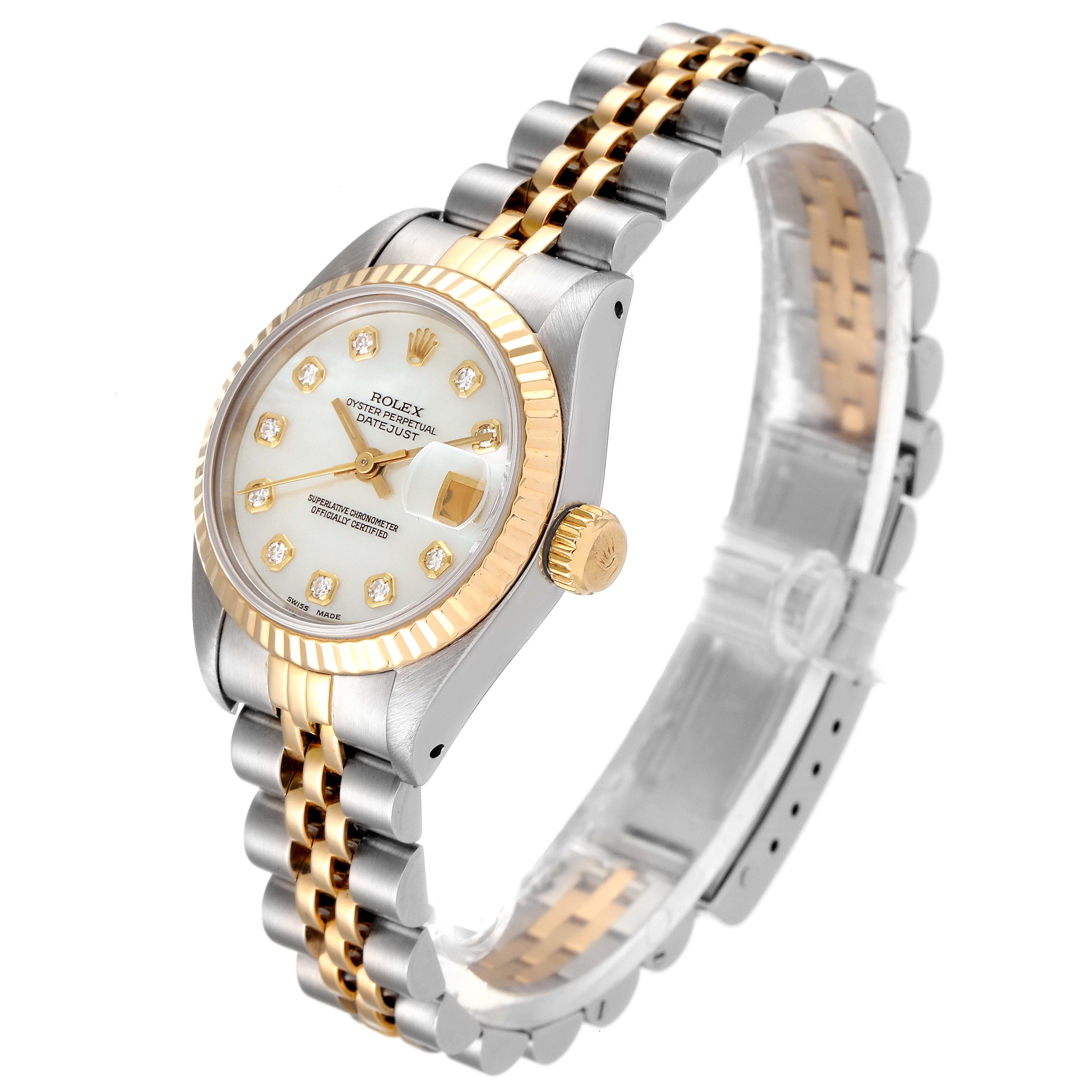 The Rolex Datejust 69173 Women
s Steel and Gold (two tone) Mother of Pearl Dial 69173 Women
s Steel and Gold (two tone) Mother of Pearl Dial watch is shown at a slight angle, displaying the face, bezel, crown, and bracelet.