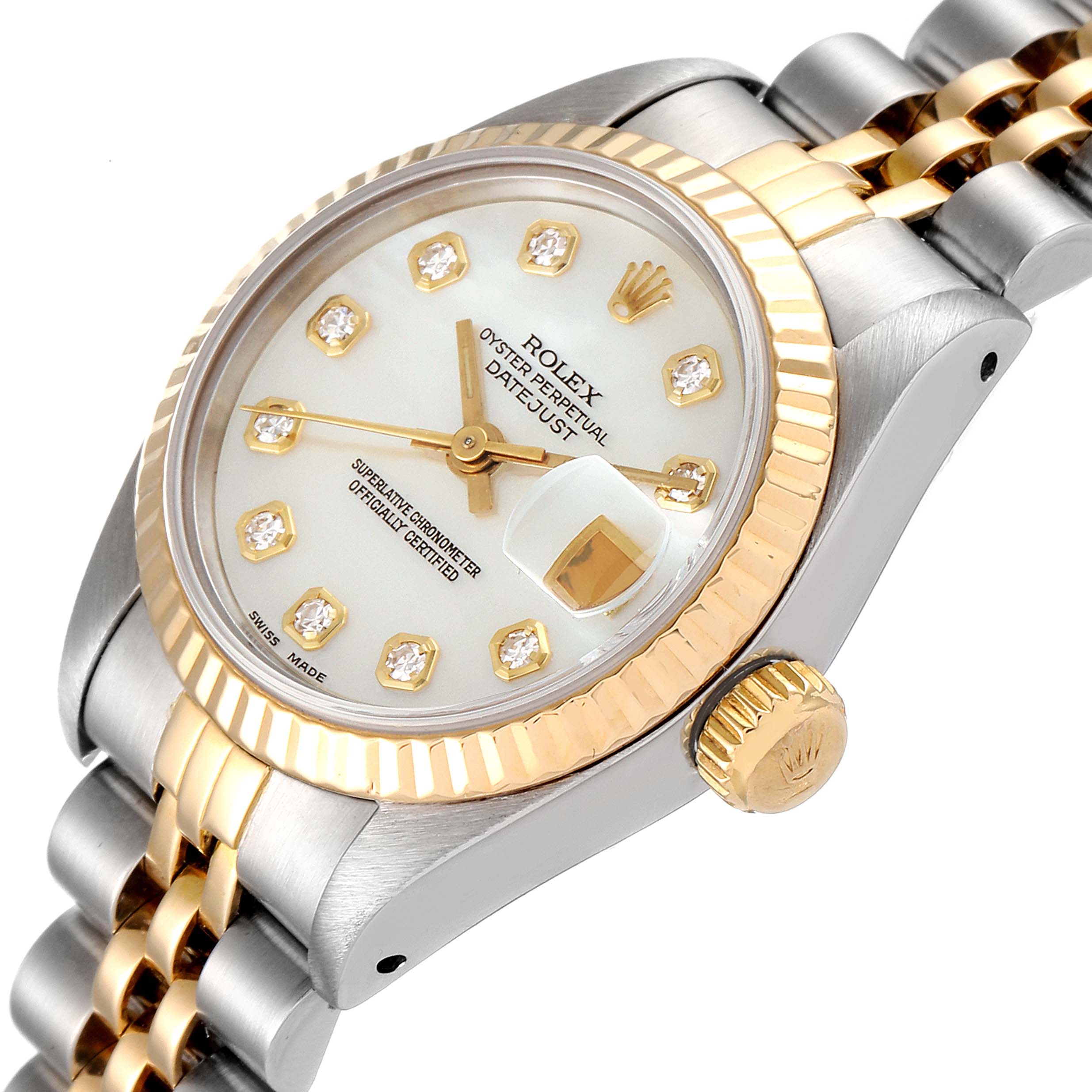 This image shows a Rolex Datejust 69173 Women
s Steel and Gold (two tone) Mother of Pearl Dial 69173 Women
s Steel and Gold (two tone) Mother of Pearl Dial watch at an angle highlighting the face, crown, bezel, and part of the band.