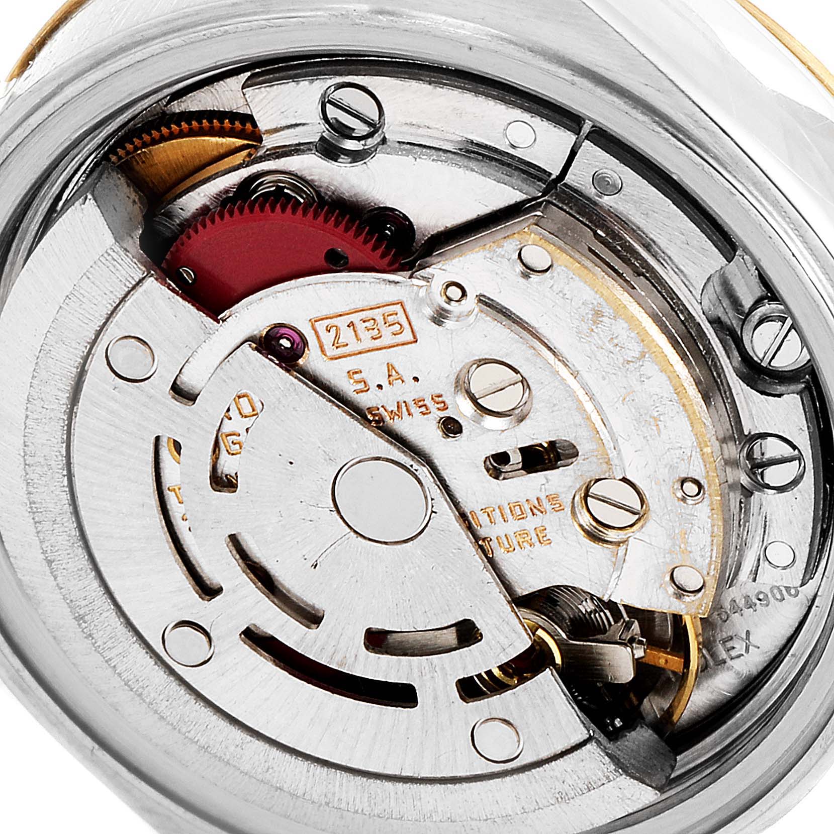 The image shows an up-close look at the movement mechanism of a Rolex Datejust 69173 Women
s Steel and Gold (two tone) Mother of Pearl Dial 69173 Women
s Steel and Gold (two tone) Mother of Pearl Dial watch from the back.