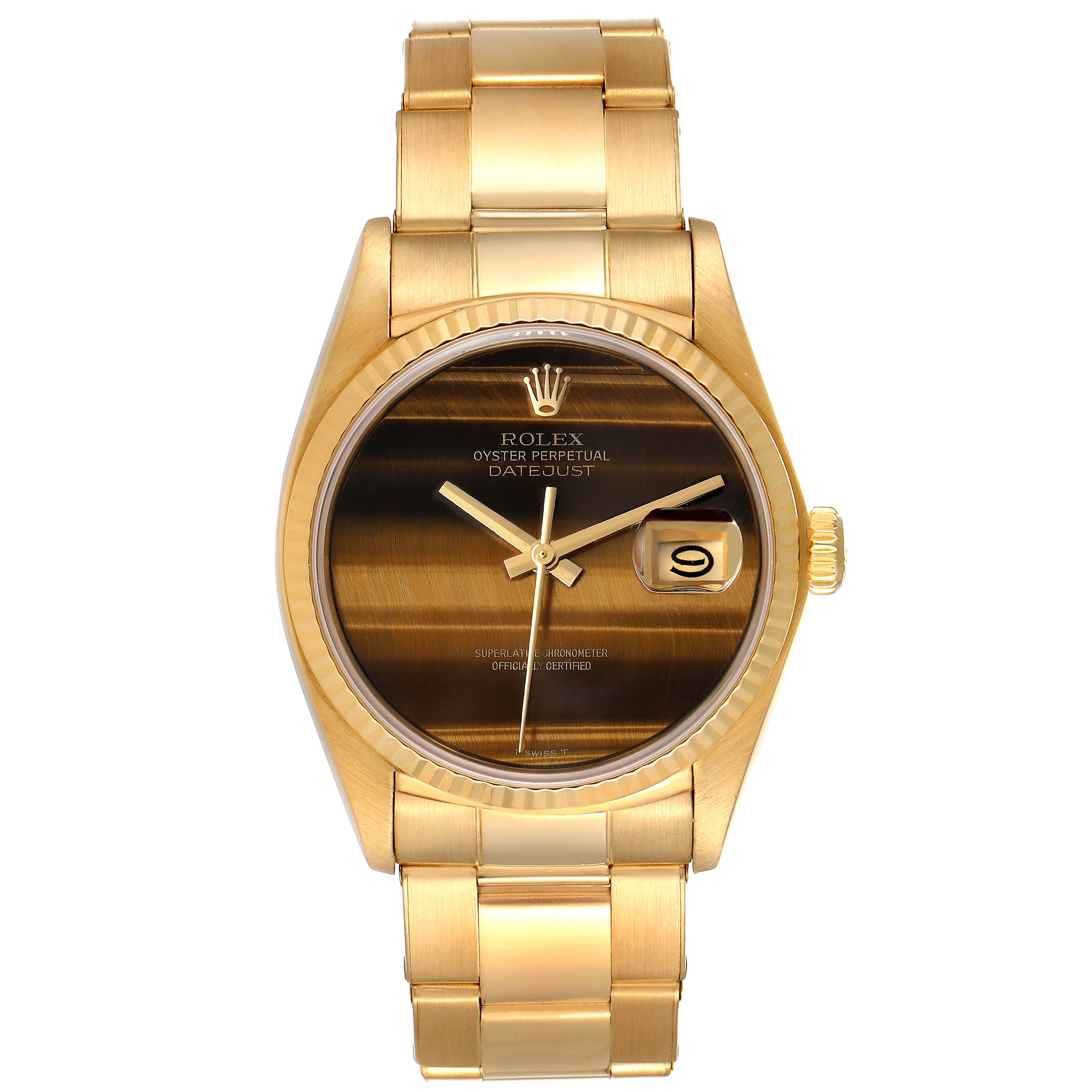 This image shows a front view of the Rolex President 16018 Men's Yellow Gold Brown Dial 16018 Men's Yellow Gold Brown Dial model watch, highlighting its dial, hands, date indicator, and bracelet.