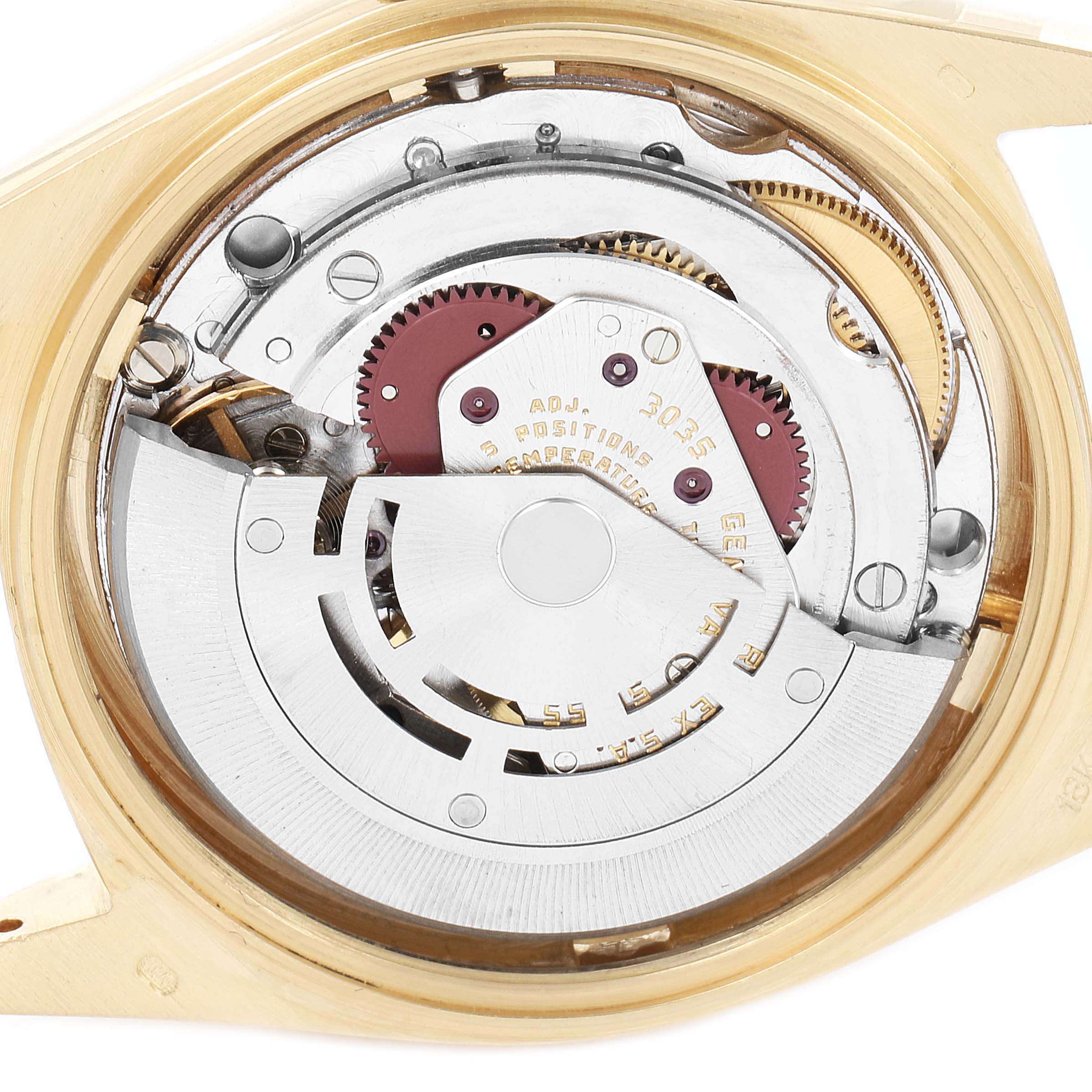 The image shows the internal mechanics of a Rolex President 16018 Men's Yellow Gold Brown Dial 16018 Men's Yellow Gold Brown Dial model watch viewed from the back.