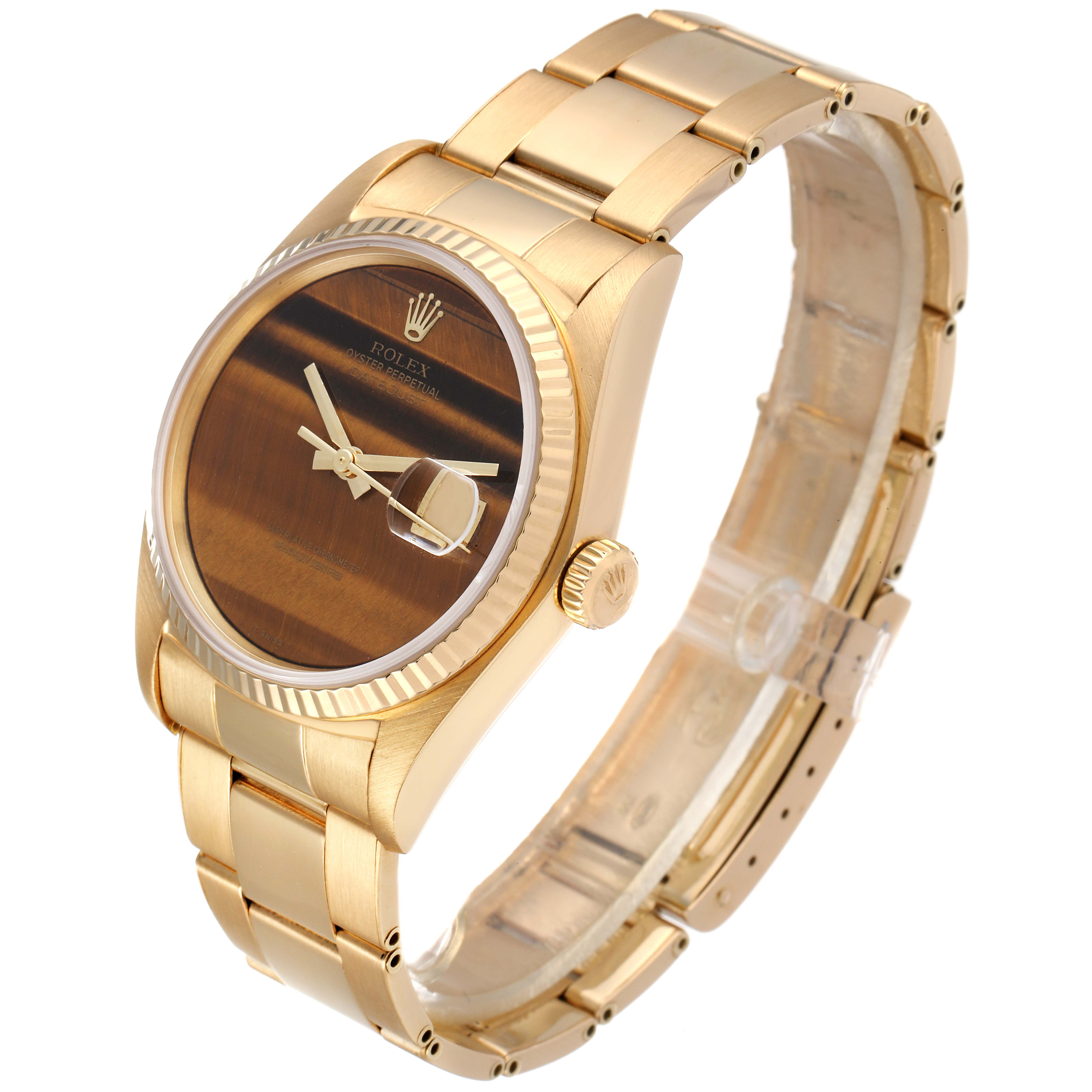 The image shows a Rolex President 16018 Men's Yellow Gold Brown Dial 16018 Men's Yellow Gold Brown Dial model watch from a three-quarter angle, highlighting its bracelet and face.