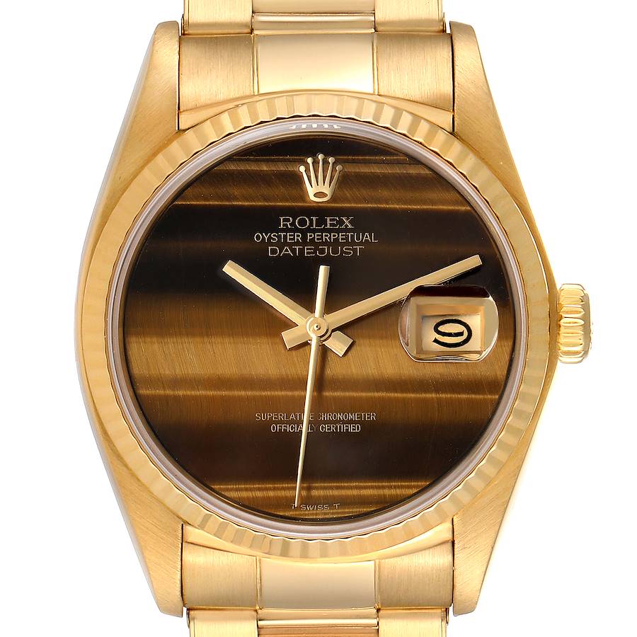 Rolex Datejust Yellow Gold Tiger Eye Dial Vintage Mens Watch 16018 SwissWatchExpo