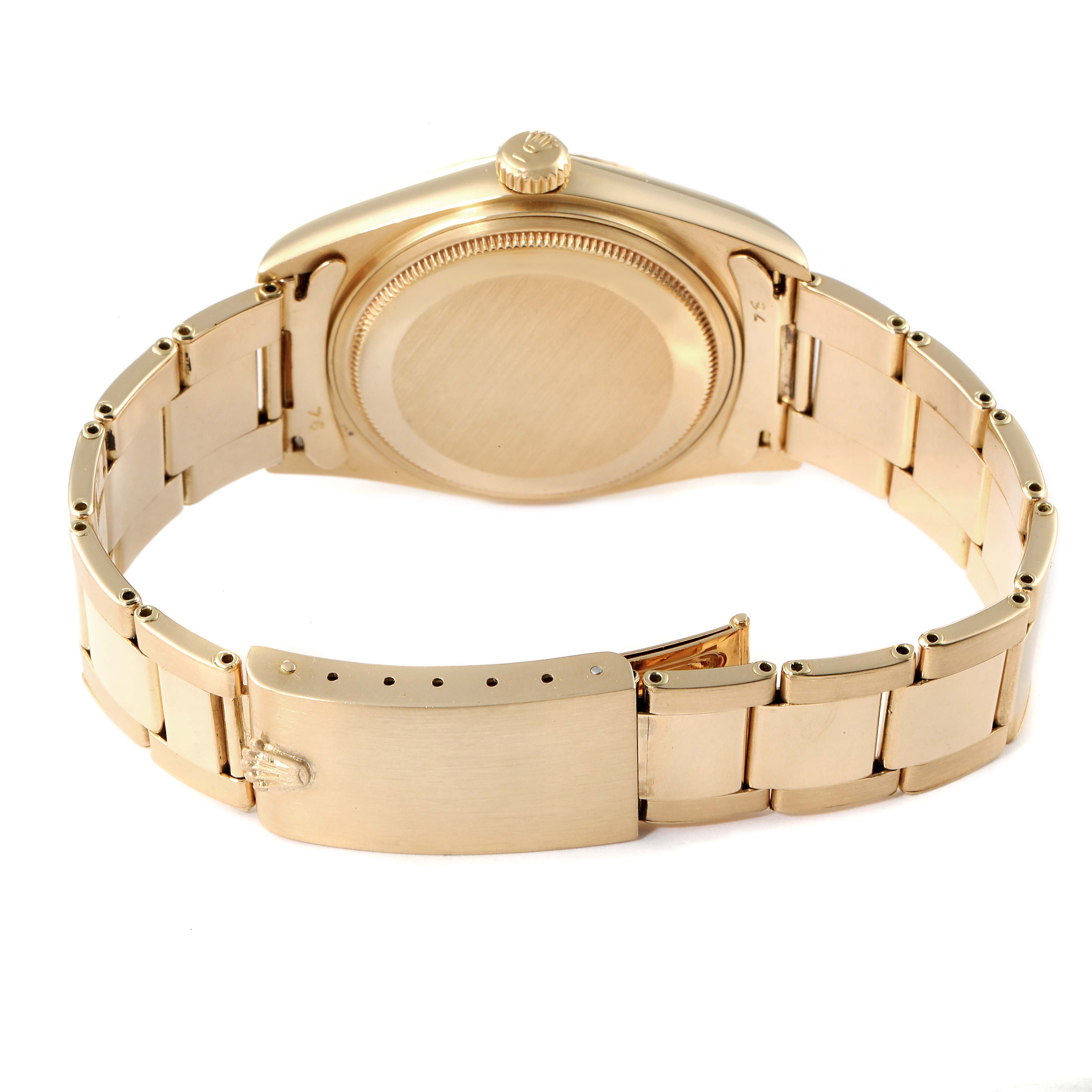 This image shows the back view of a Rolex President 16018 Men's Yellow Gold Brown Dial 16018 Men's Yellow Gold Brown Dial model, highlighting the bracelet and clasp.