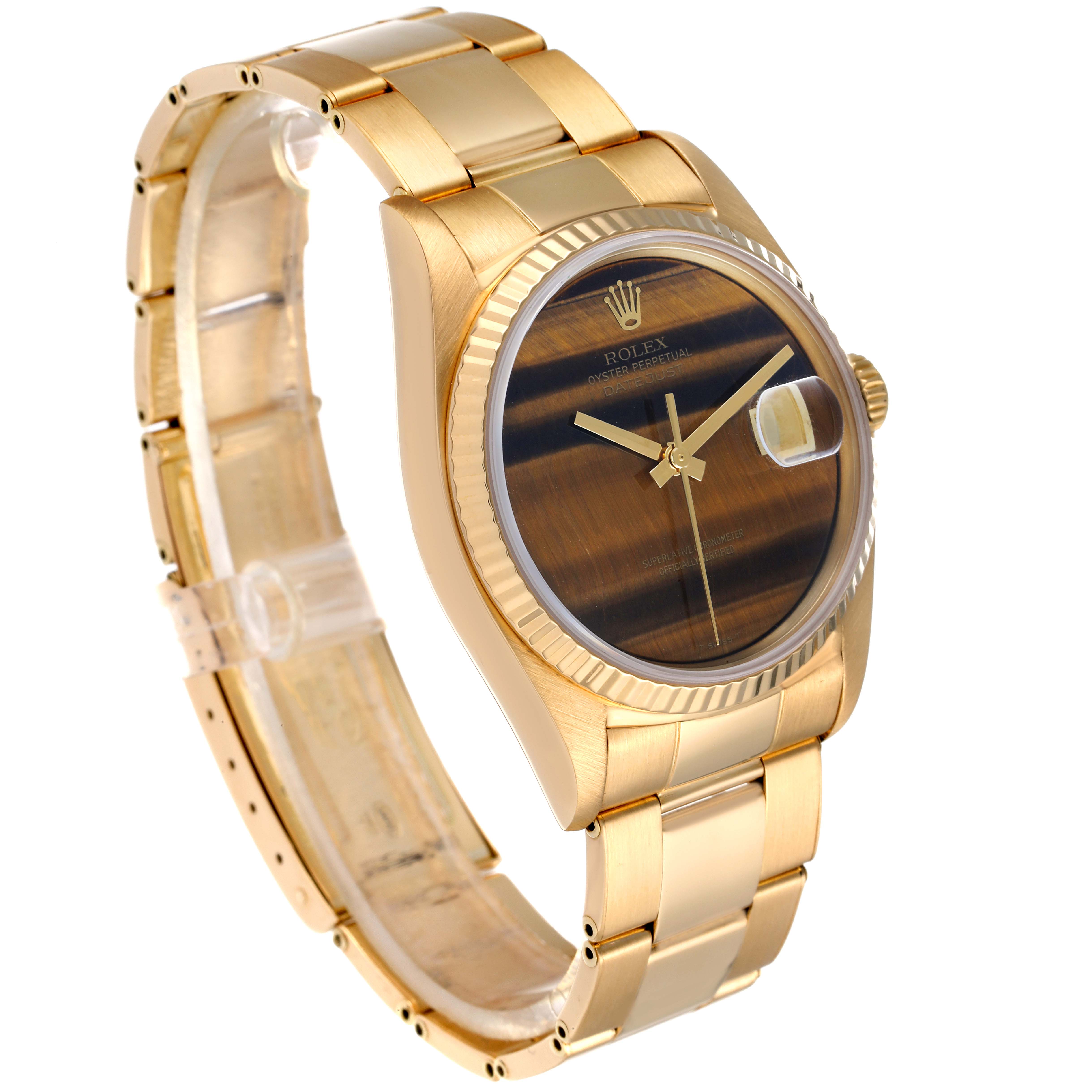 The image shows a gold Rolex President 16018 Men's Yellow Gold Brown Dial 16018 Men's Yellow Gold Brown Dial model watch from a front left angle, highlighting its face and bracelet.